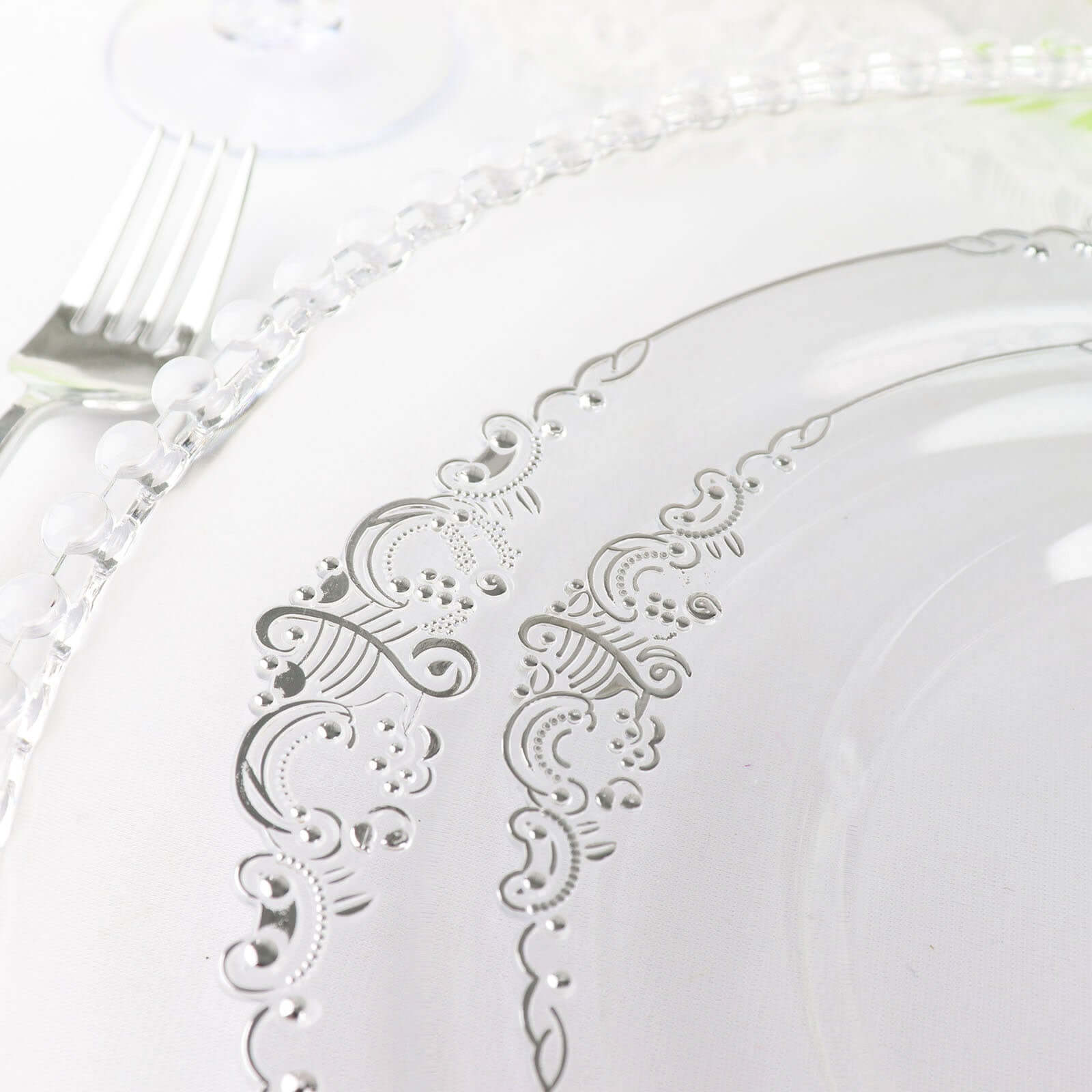 10-Pack Plastic 8" Round Dessert Plates in Clear with Silver Leaf Embossed Rim - Disposable Vintage Baroque Style Salad Plates