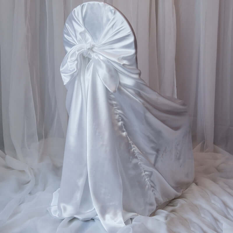 Satin Chair Cover Self-Tie Universal Design White - Durable Slip-On Cover for Folding, Dining, Banquet & Standard Chairs