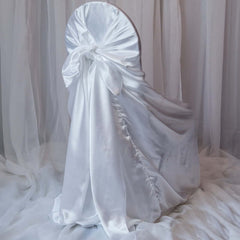 Satin Chair Cover Self-Tie Universal Design White - Durable Slip-On Cover for Folding, Dining, Banquet & Standard Chairs