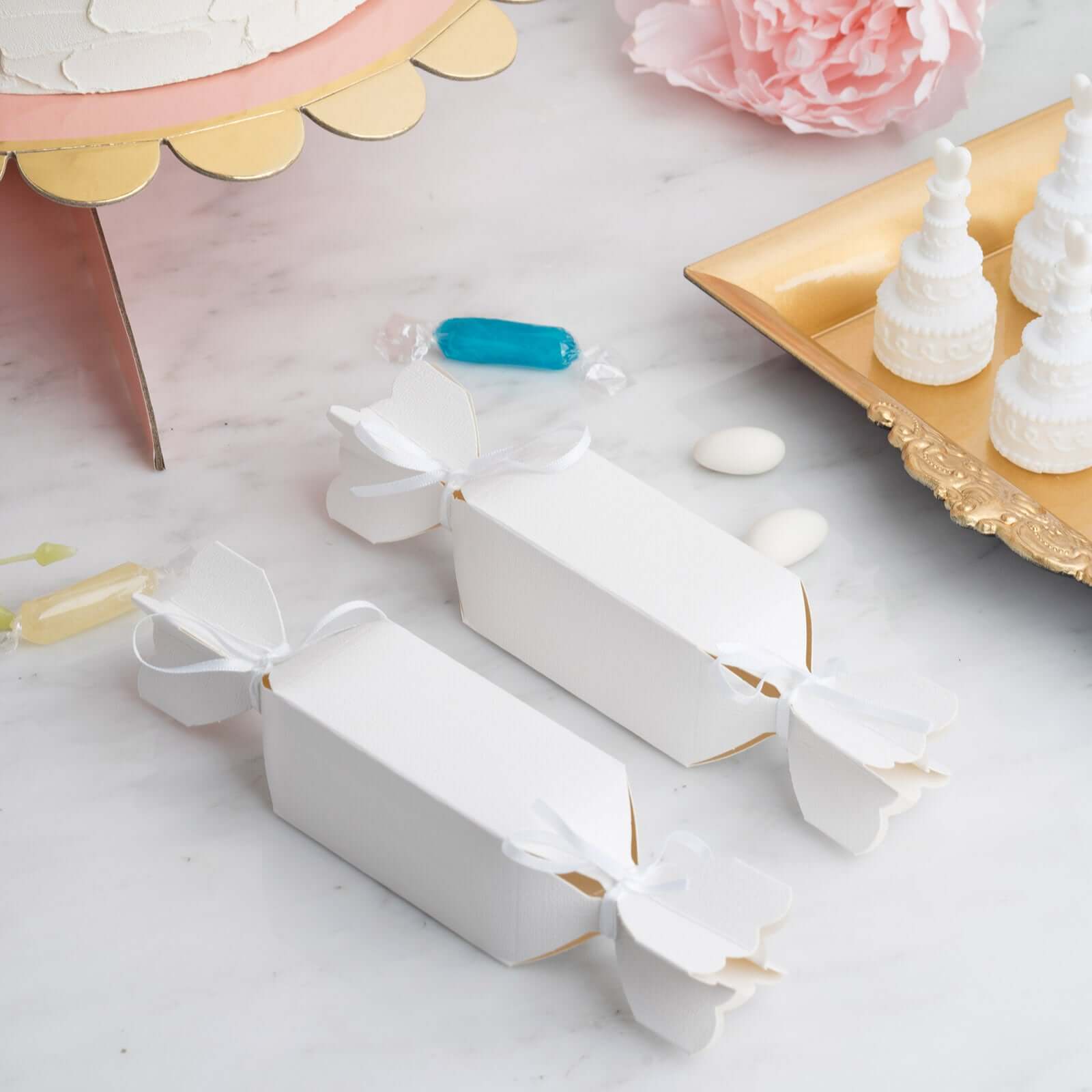 25 Pack White Candy Shape W Satin Ribbon Party Favor Gift Boxes
