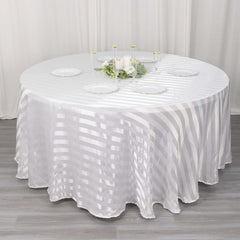 Satin Striped 120" Round Tablecloth White Satin Stripe - Silky Smooth Seamless Wedding Decor