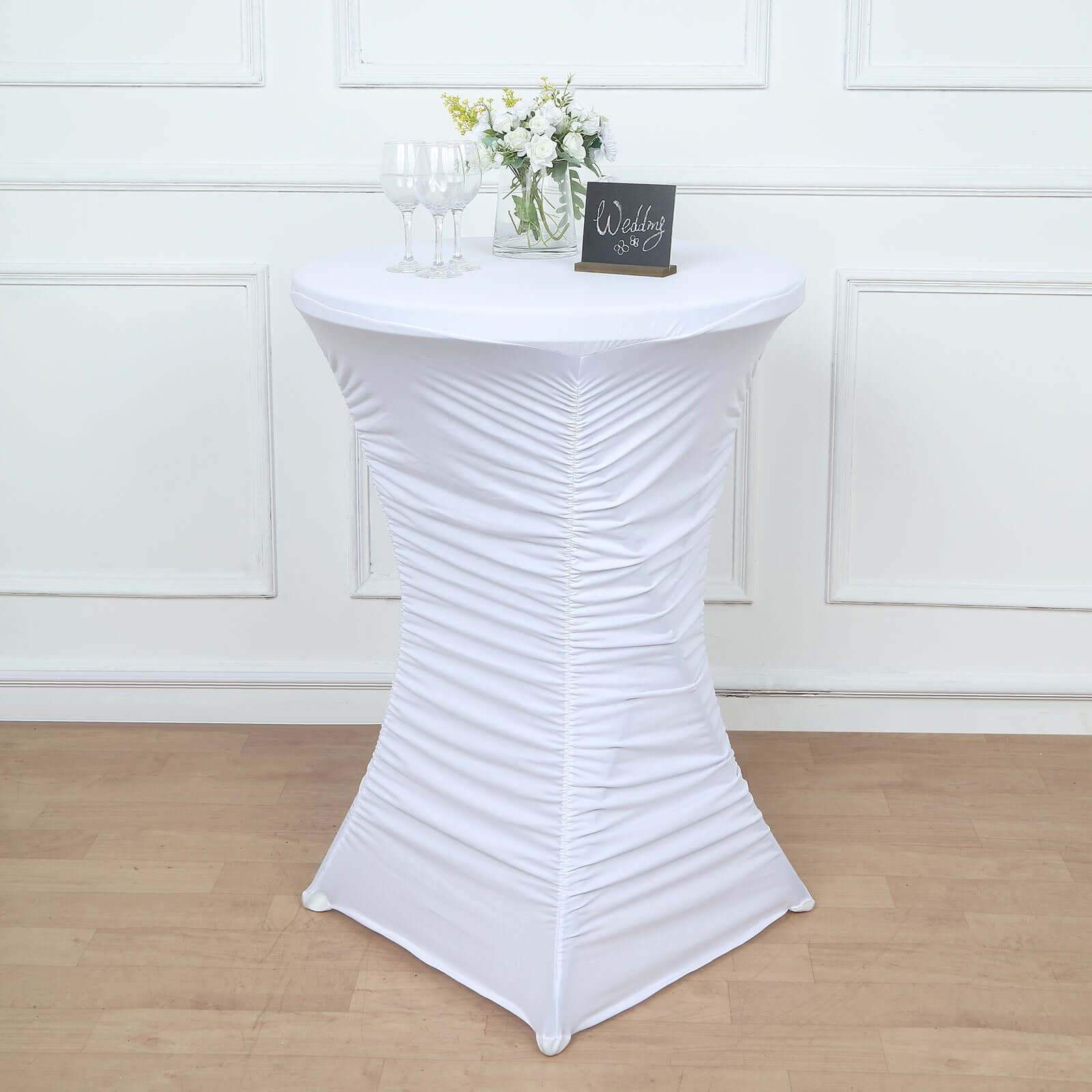 Heavy Duty Spandex 32" Fitted Round Cocktail Table Cover White Ruched Pleated - Durable Stretch Design