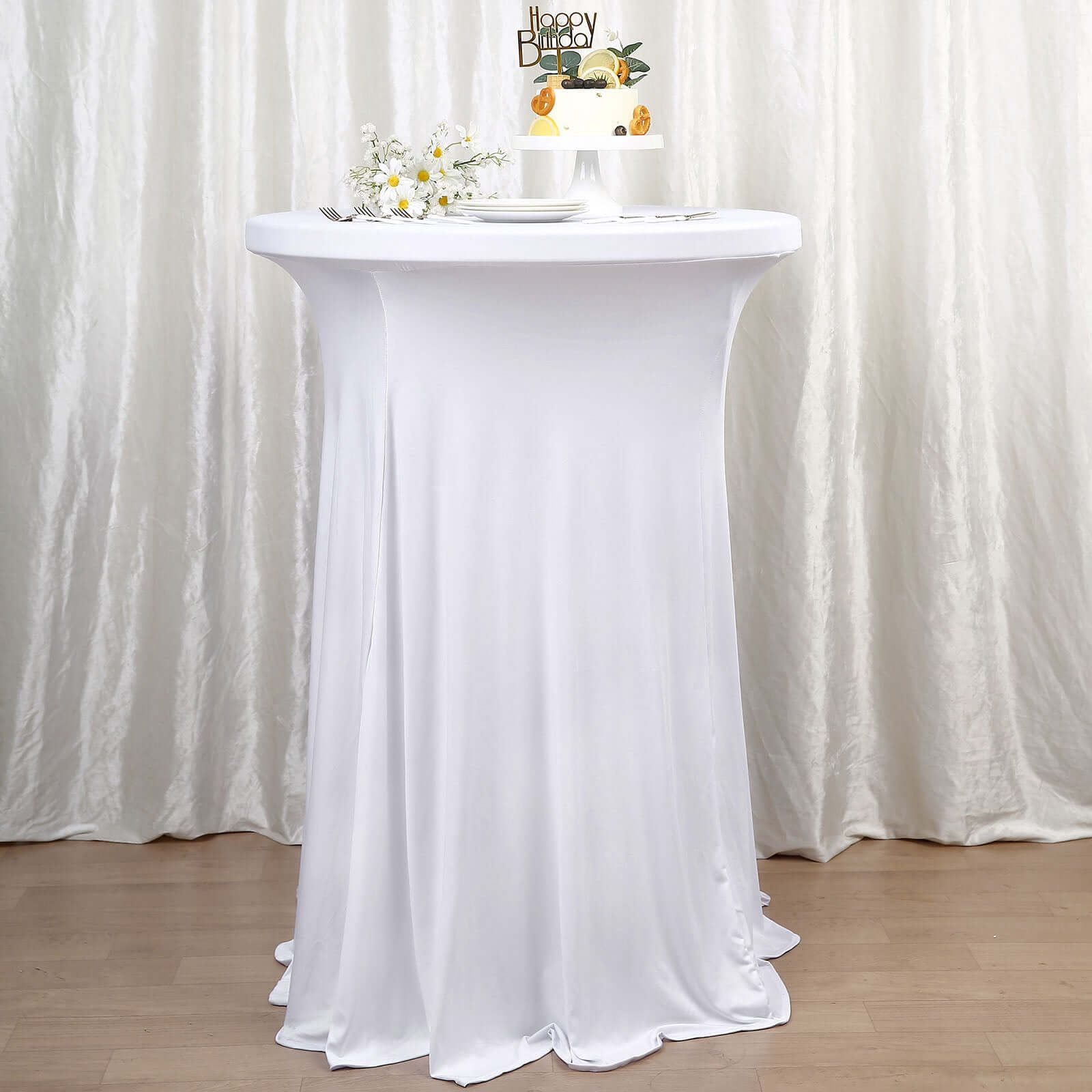 Spandex 32" Round Cocktail Table Cover Skirt White With Natural Wavy Drapes - Stylish & Sophisticated Event Decor