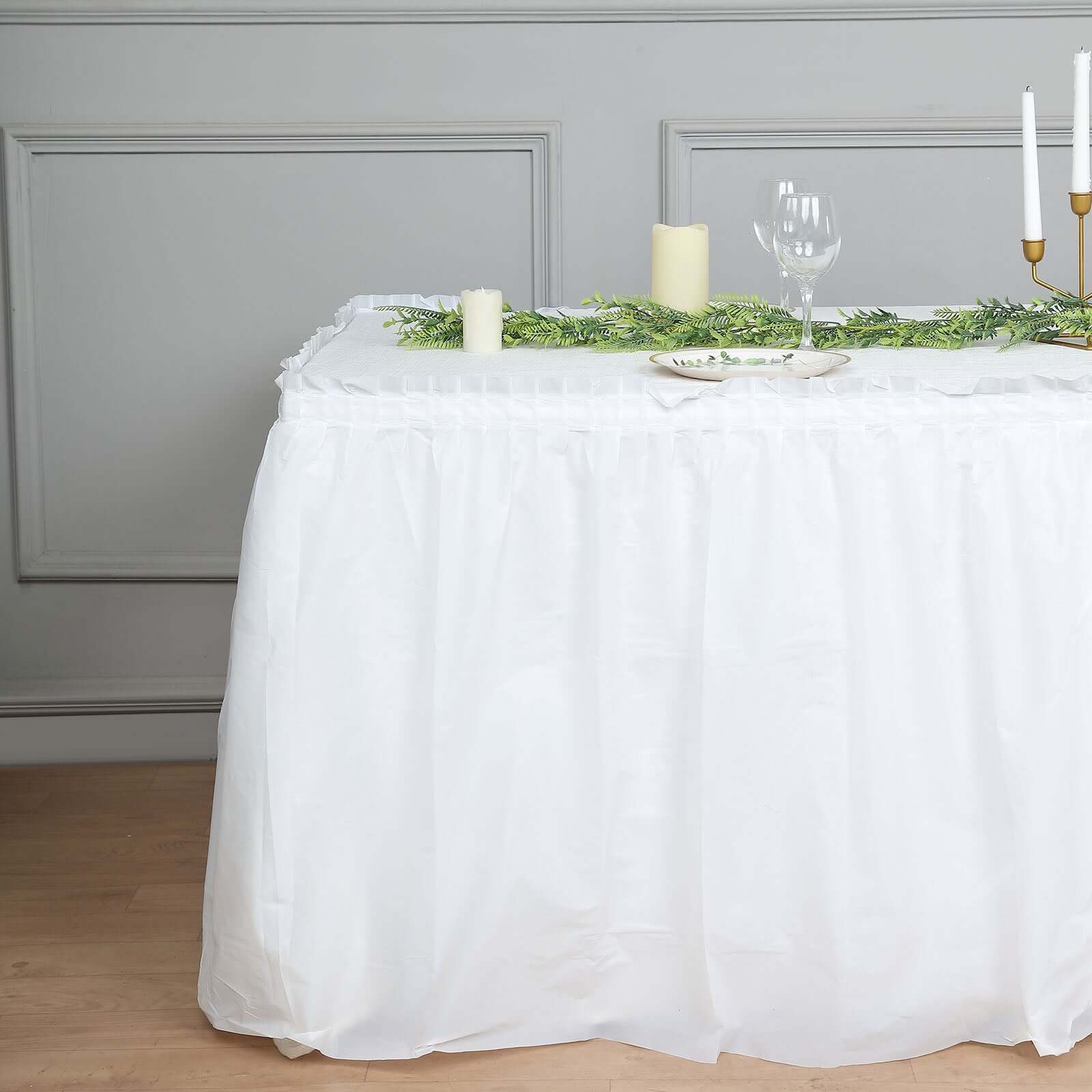 Plastic Table Skirt White Ruffled - Durable Disposable Skirt for Events 14ft