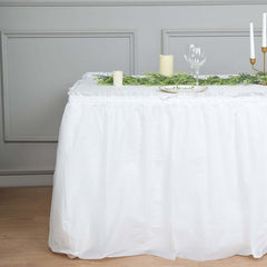 Plastic Table Skirt White Ruffled - Durable Disposable Skirt for Events 14ft