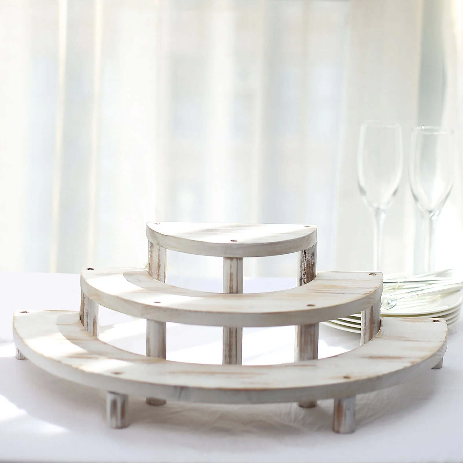 Set of 3 Wooden Dessert Pedestals Rustic Whitewashed 3-Tier Semicircle Design - Half Moon Cupcake Display Risers 7", 13", 18"