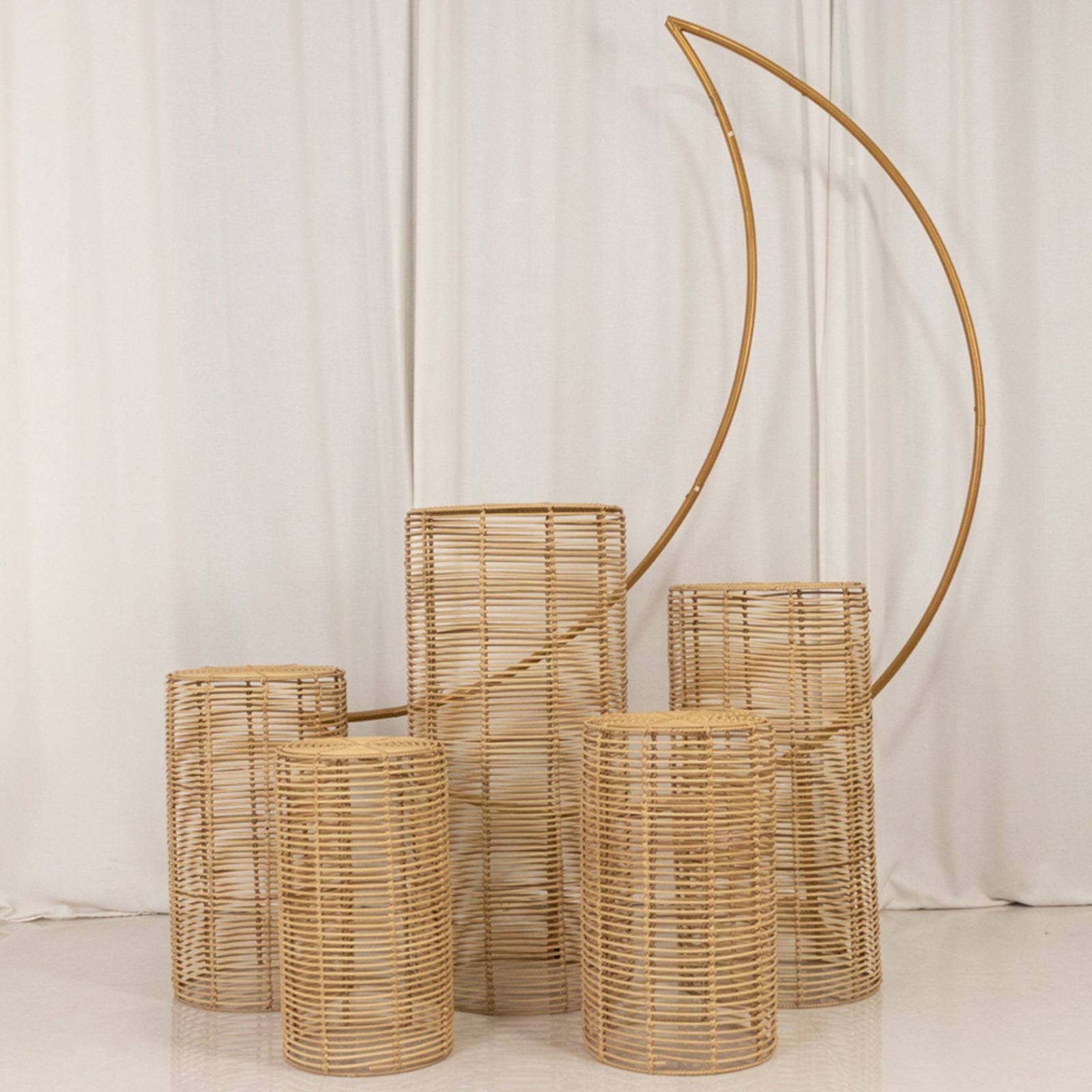 Set of 5 Natural Woven Rattan Wicker Pedestal Stands, Boho Chic Side Table Cylinder Cake Dessert Plant Display Stands - 20",21",24",29",36"