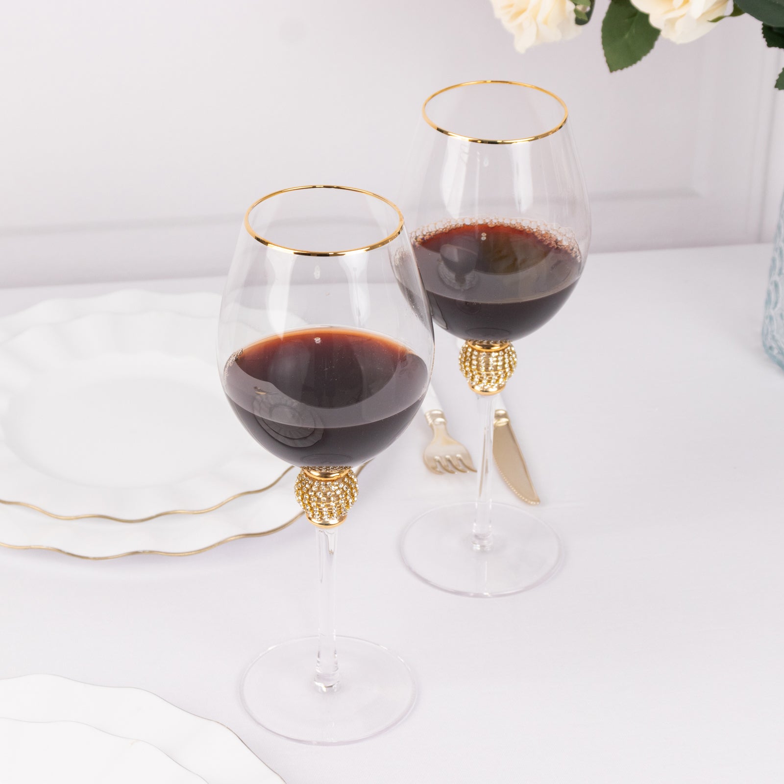 Set of 6 Wine Goblet Glasses Clear Gold Rimmed Design with Rhinestone Studded Stem - Handblown Vintage Crystal Glasses for Cocktails 16oz 10"