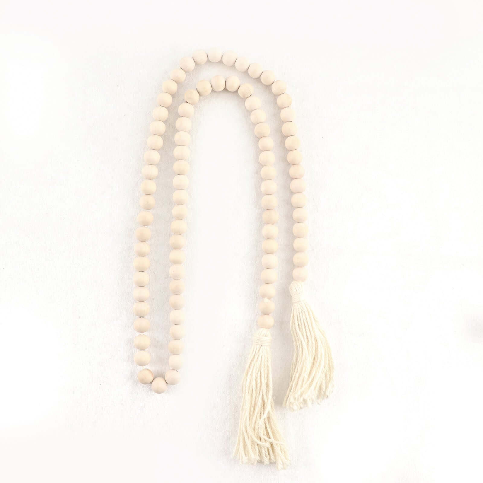 55" Cream Rustic Boho Chic Wood Bead Garland With Tassels, Farmhouse Country Wood Bead Chain