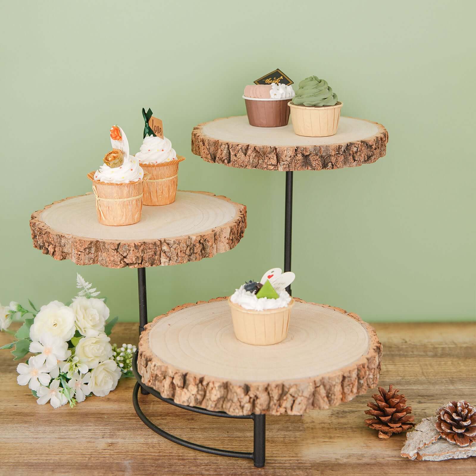 3-Tier Wooden Cheese Board Stand Half Moon Wood Slice Design - Rustic Cupcake Centerpiece 12" Tall