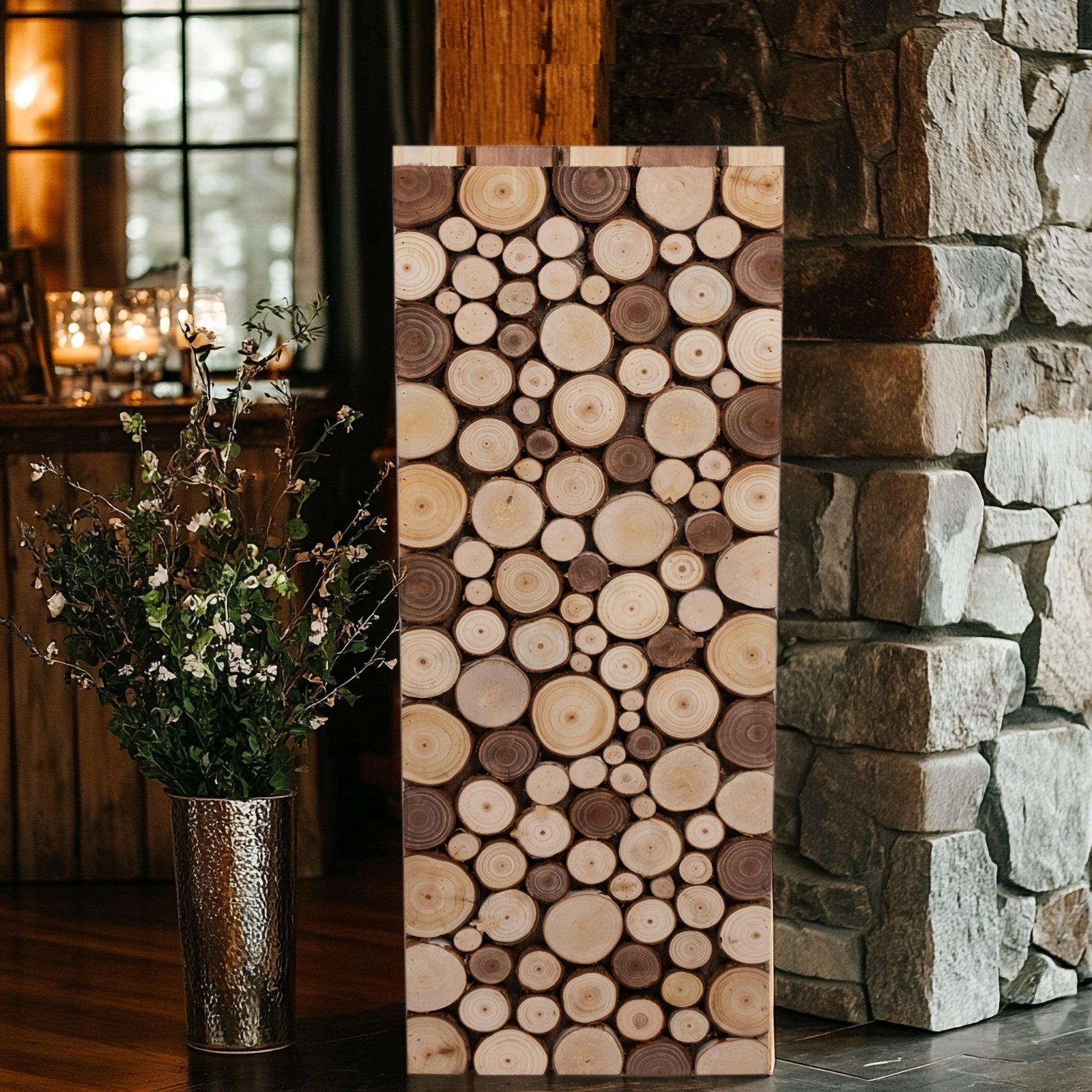 30" Natural Wooden Slices Pillar Prop Pedestal Stand, Rustic Farmhouse Wood Riser Rectangular Plant Stand