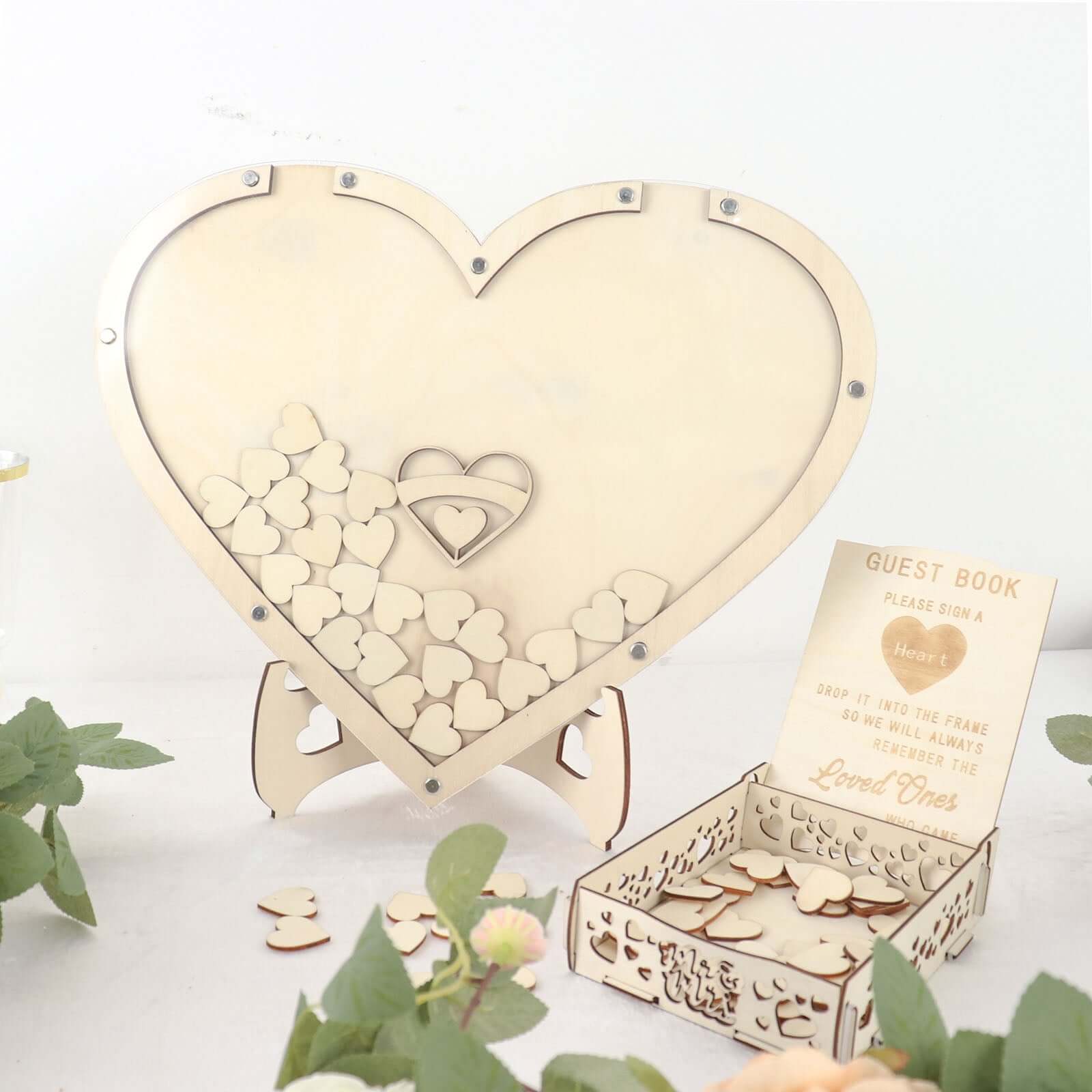 13" Wooden Heart Drop Top Frame Wedding Guest Book Alternative, Rustic Sign Display Stand