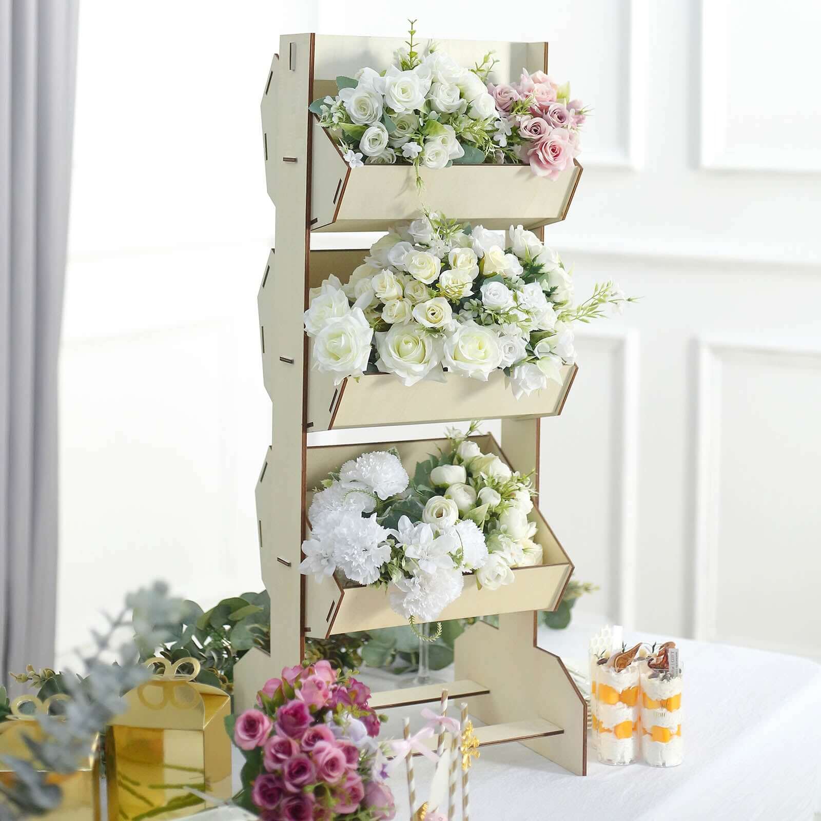 3-Tier Wooden Display Rack Basket Floor Standing Design Natural - Rustic Tabletop Cupcake Dessert Shelf Holder 33"