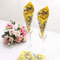50-Pack Paper Beverage Napkins with Blooming Flowers Design Yellow - 2 Ply Soft 18GSM Floral Wedding Napkins 6.5"x6.5"