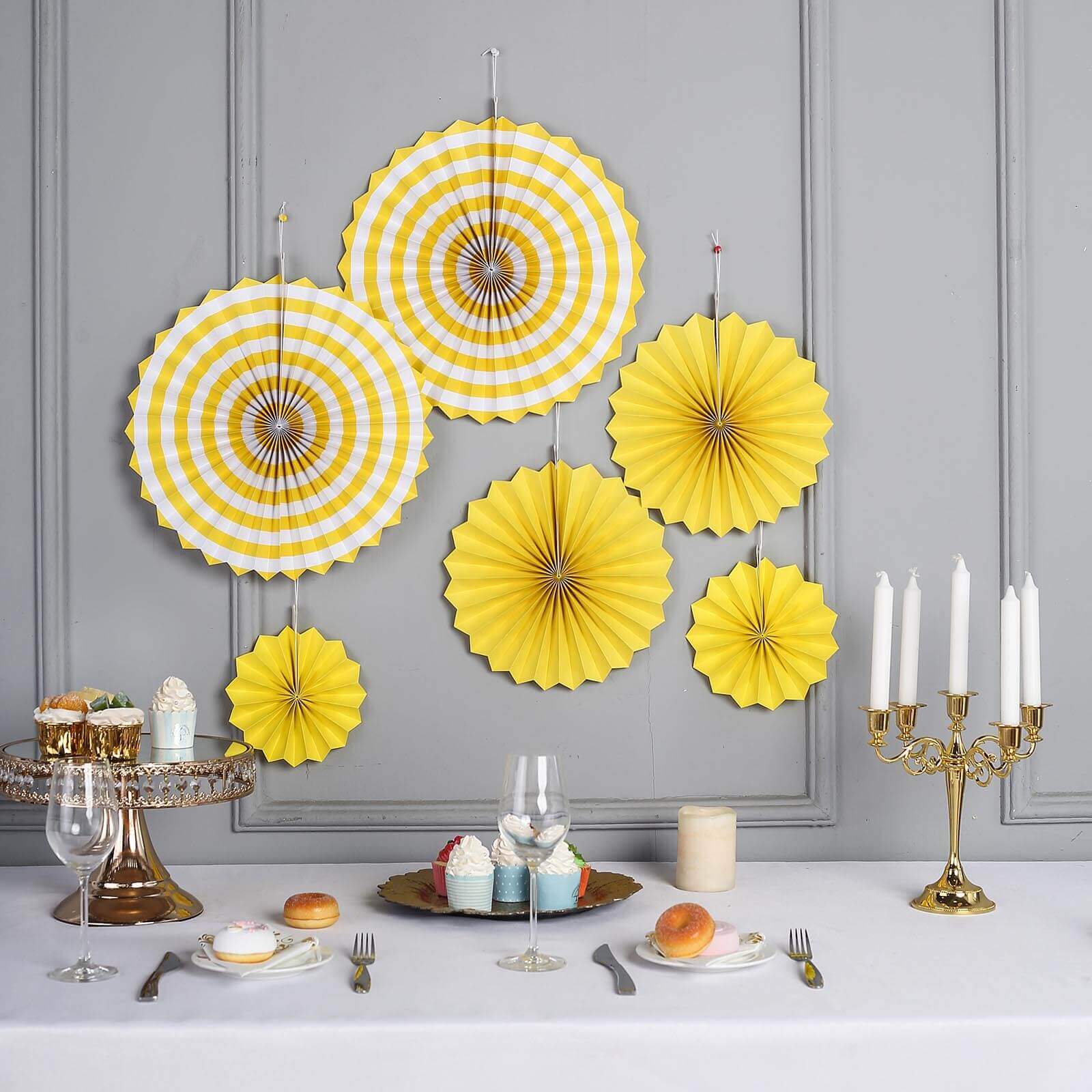 Set of 6 Yellow Hanging Paper Fan Decorations, Pinwheel Wall Backdrop Party Kit - 8", 12", 16"