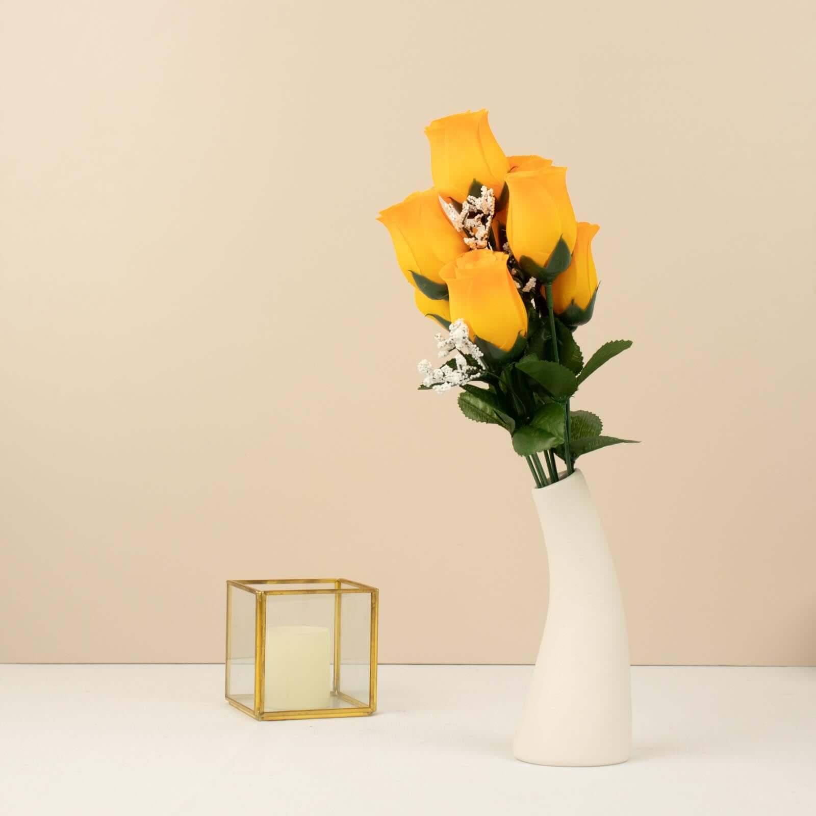12 Bushes Orange Artificial Premium Silk Flower Rose Bud Bouquets