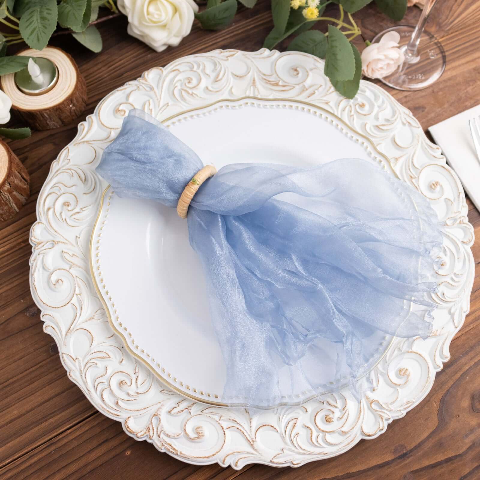 5 Pack Crinkled Organza 21"x21" Napkins Dusty Blue - Rustic Style Dinner & Party Napkins
