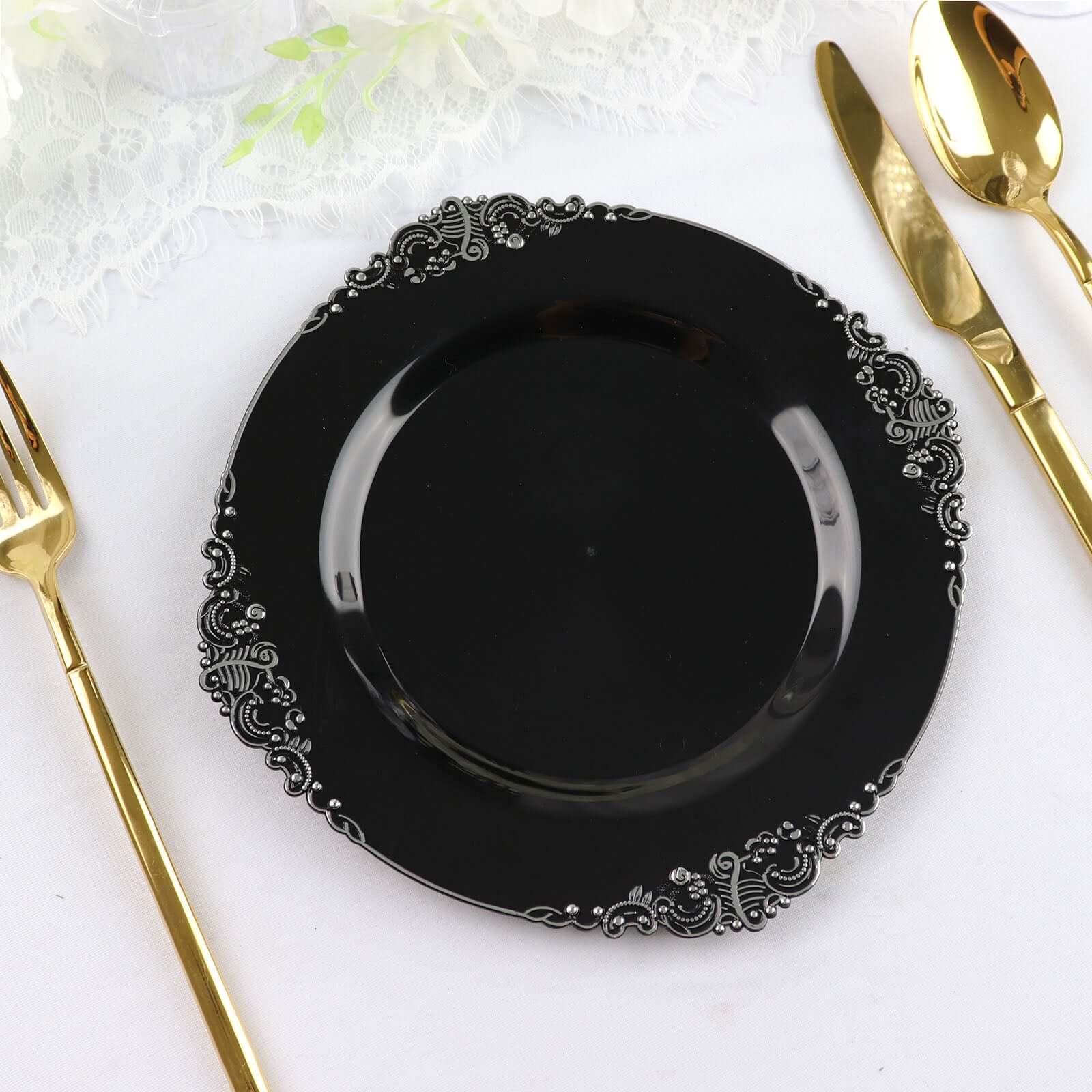 10-Pack Plastic 8" Round Dessert Plates in Black with Silver Leaf Embossed Rim - Disposable Vintage Baroque Style Salad Plates