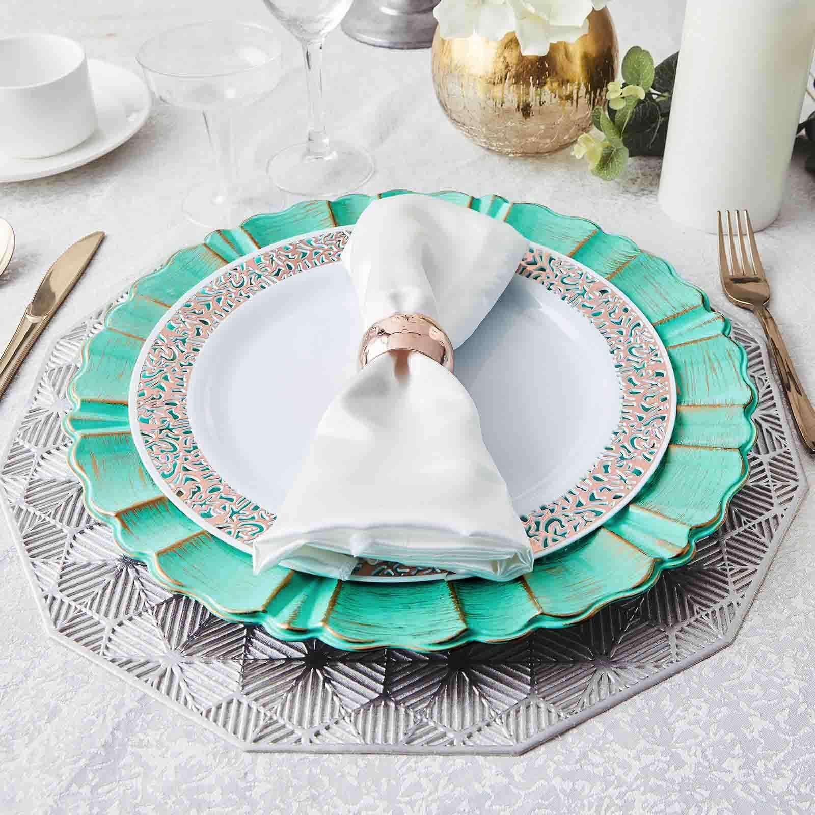 6-Pack Acrylic Plastic Round Charger Plates 13" in Turquoise with Gold Brushed Wavy Scalloped Rim, Decorative Dinner Party Charger Tableware