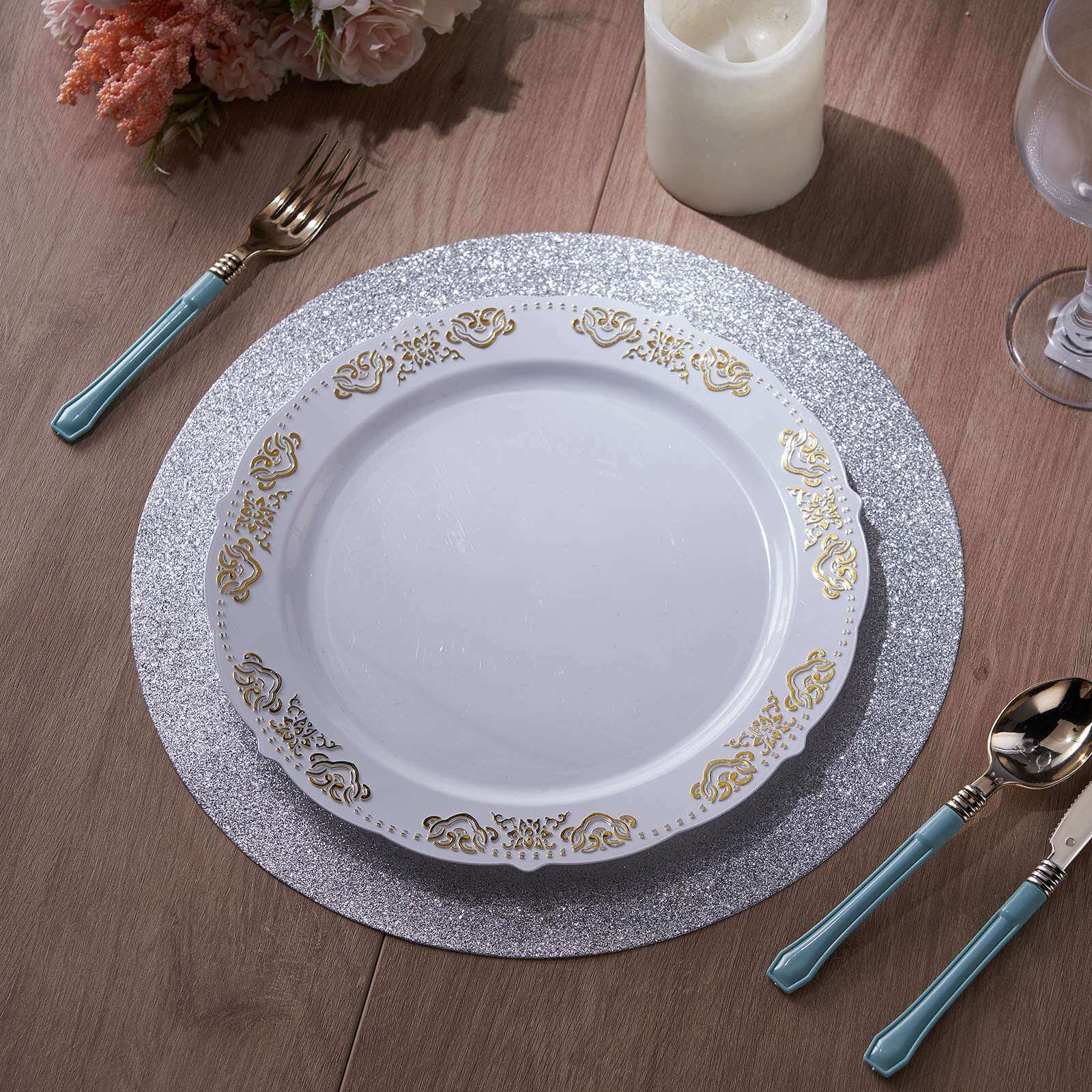6-Pack Placemats Glitter Design Silver Sparkle Round - Non-Slip Decorative Dining Table Mats 13"