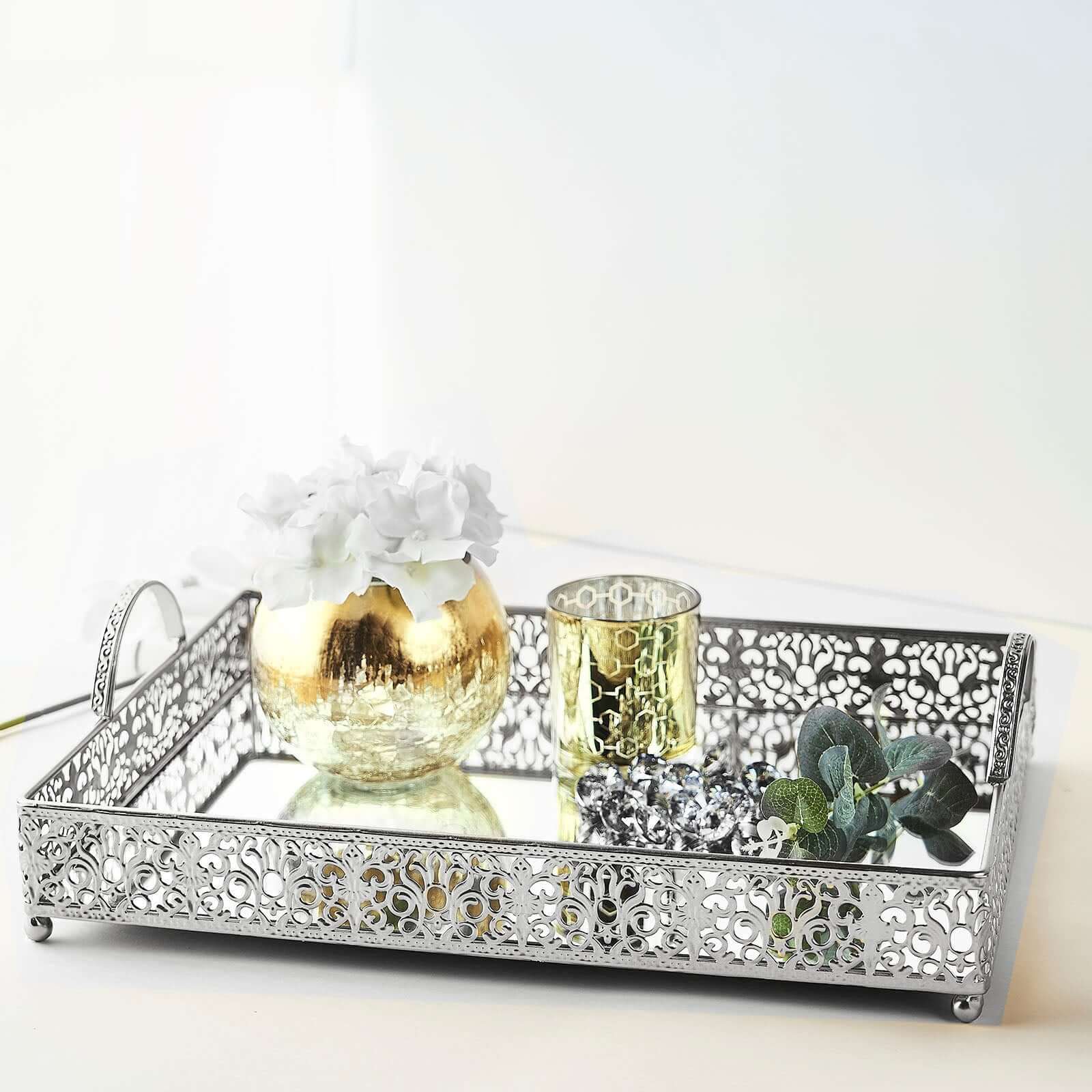 Metal Mirrored Rectangle Serving Tray 16"x12" in Silver Fleur De Lis Design with Handles, French Inspired Decorative Vanity Tray Centerpiece