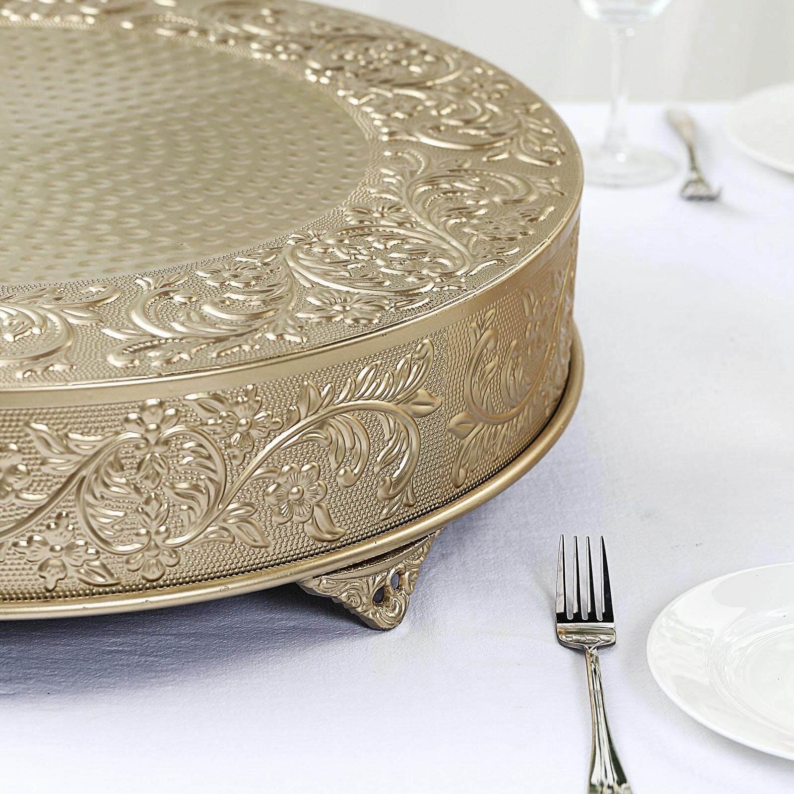 Metal 22" Round Cake Pedestal Stand Matte Gold - Cupcake Dessert Display Riser with Intricate Embossed Design for Upscale Events & Gatherings