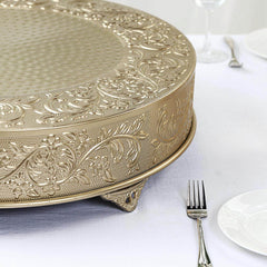 Metal 22" Round Cake Pedestal Stand Matte Gold - Cupcake Dessert Display Riser with Intricate Embossed Design for Upscale Events & Gatherings