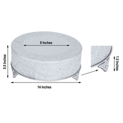 Metal 14" Round Cake Pedestal Stand Matte Silver - Cupcake Dessert Display Riser with Intricate Embossed Design for Upscale Events & Gatherings