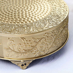 Metal 14" Round Cake Pedestal Stand Matte Gold - Cupcake Dessert Display Riser with Intricate Embossed Design for Upscale Events & Gatherings