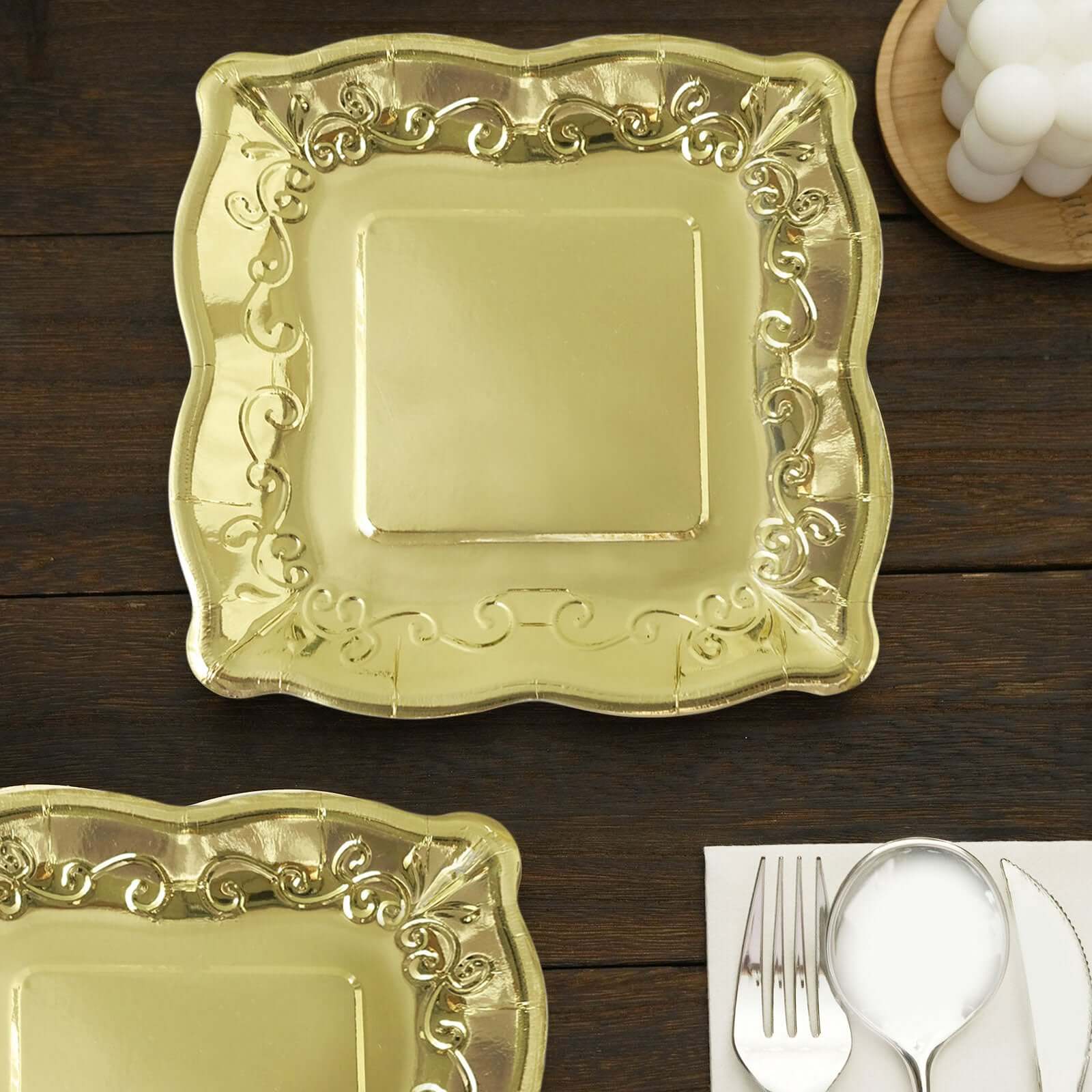 25-Pack Paper 7" Square Dessert Plates in Gold with Vintage Pottery Embossed Design - Shiny Metallic Disposable Appetizer Plates for Luxe Gatherings & Celebrations