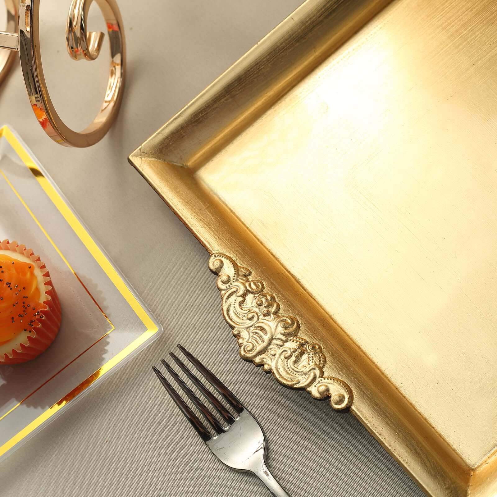 2-Pack Acrylic Square Serving Trays 10" in Metallic Gold with Embossed Handles, Decorative Dinner Party Food Platters