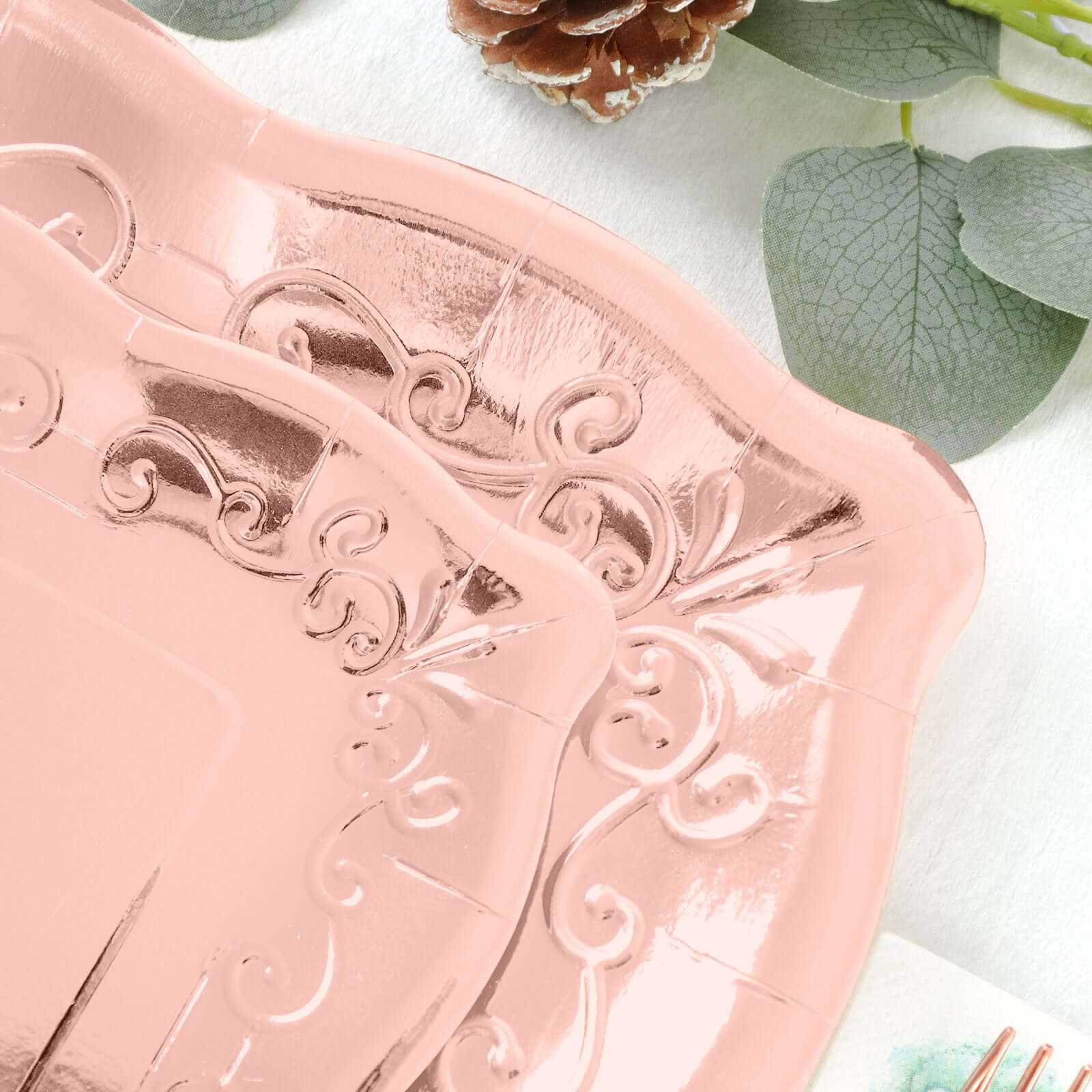 25-Pack Paper 11" Square Dinner Plates in Blush Rose Gold with Vintage Pottery Embossed Design - Shiny Metallic Disposable Serving Plates