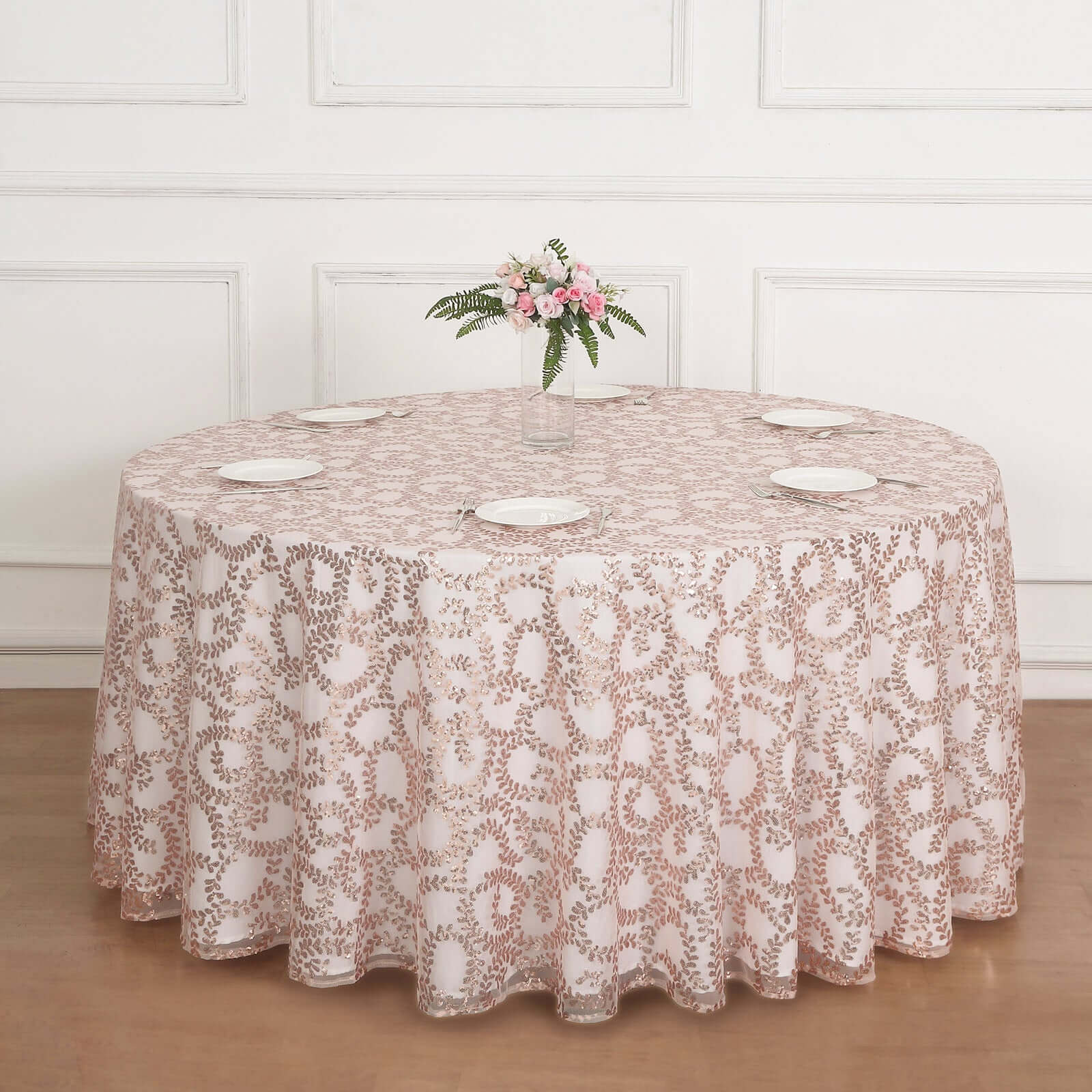 Tulle 120" Round Tablecloth Rose Gold - Seamless Sequin Leaf Embroidered Table Cover