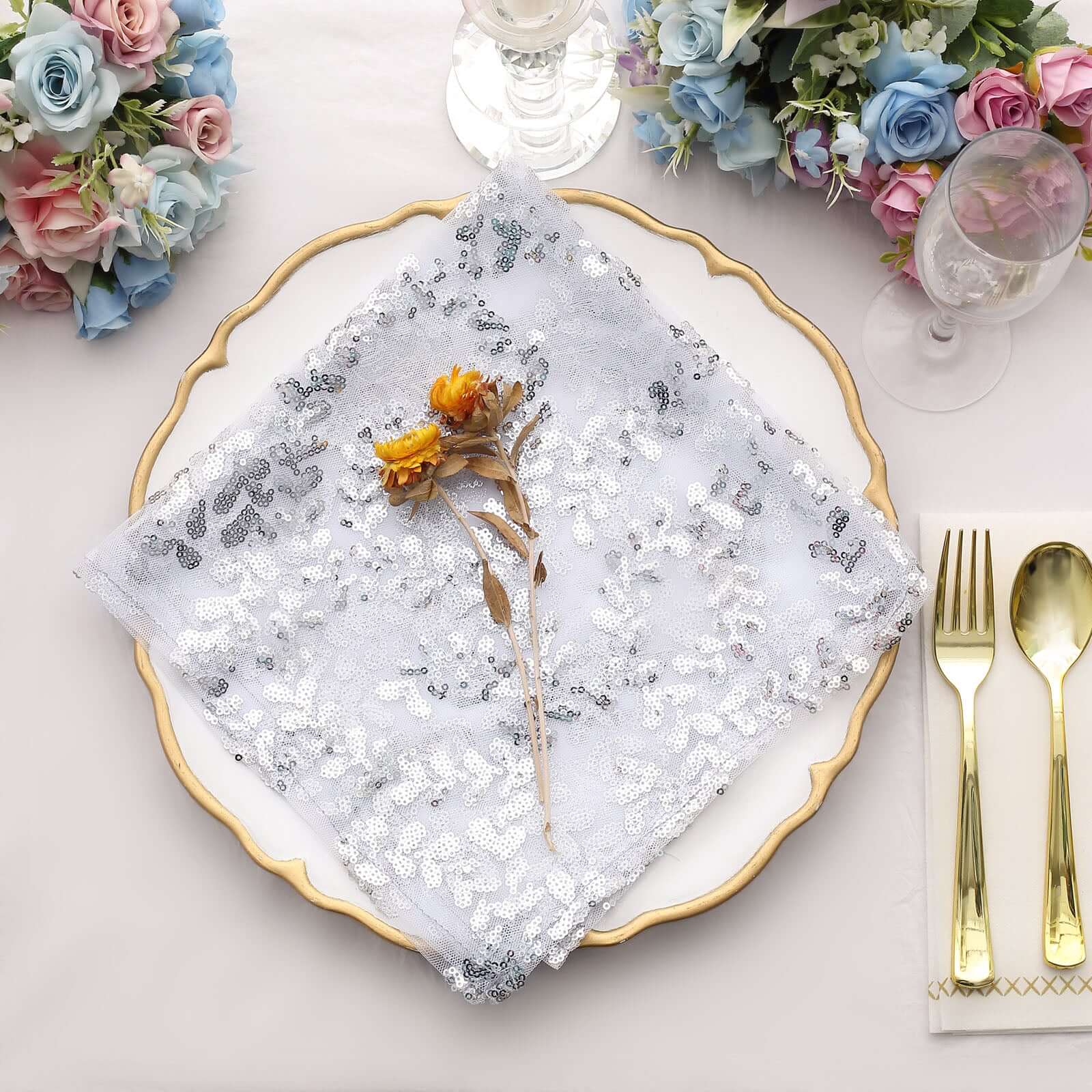 Sequin Tulle 20"x20" Napkin Silver - Embroidered Leaf Vine Dinner Napkins