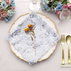 Sequin Tulle 20"x20" Napkin Silver - Embroidered Leaf Vine Dinner Napkins