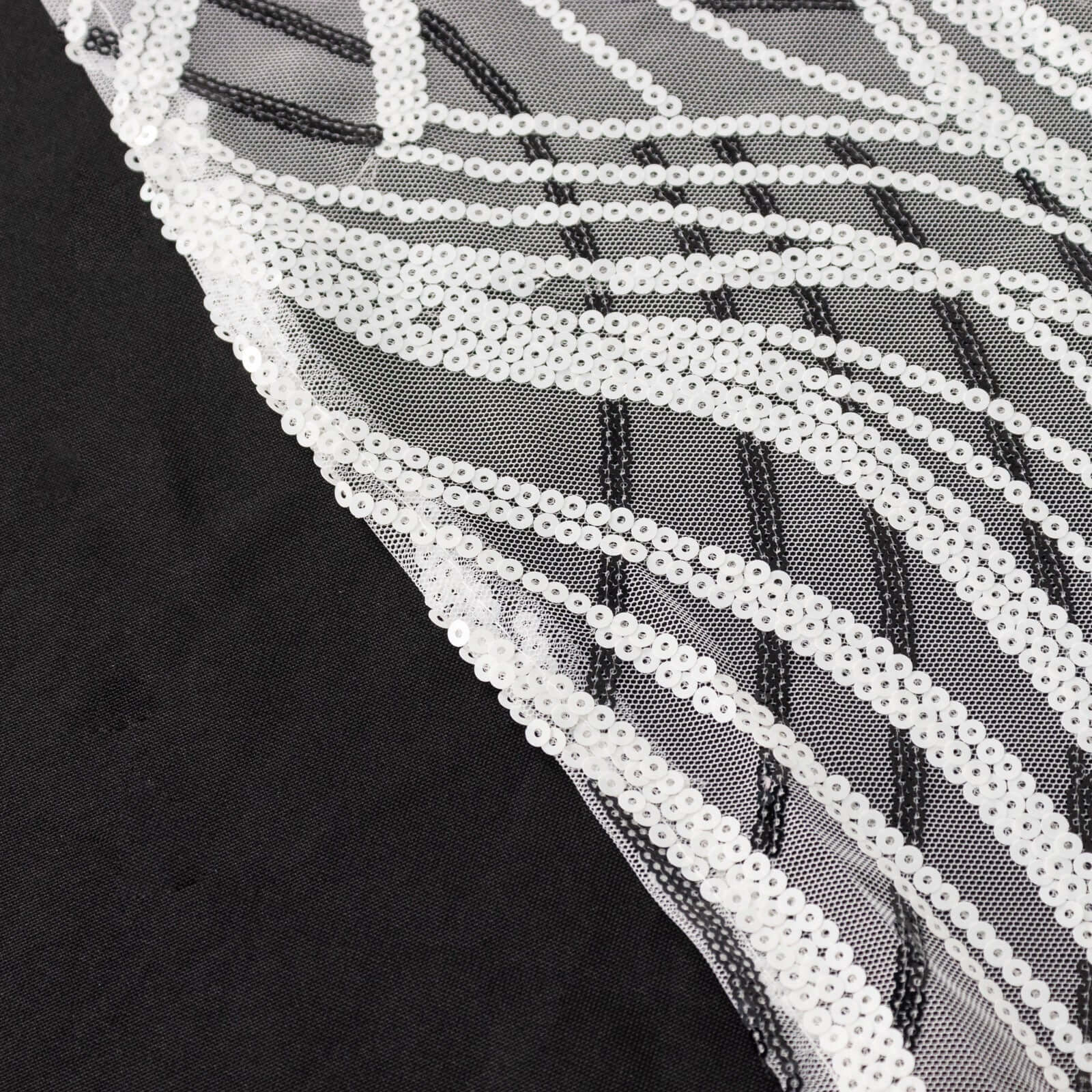 Sequin Mesh 12"x108" Table Runner White Black Stylish Wave Embroidery