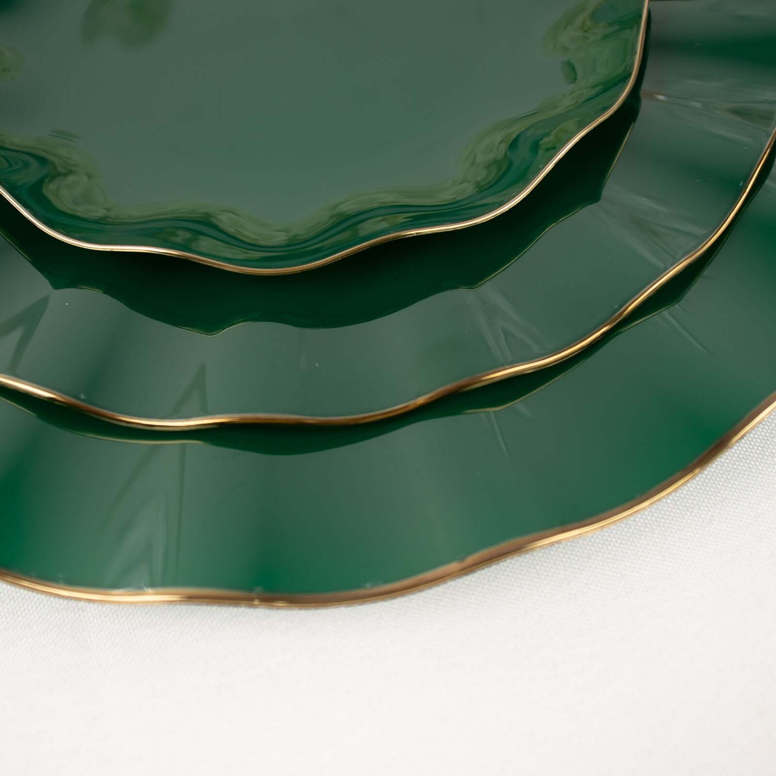 10-Pack Plastic Round 6" Dessert Plates in Hunter Emerald Green Ruffled Rim with Gold Edging - Sturdy Disposable Salad Appetizer Dinnerware