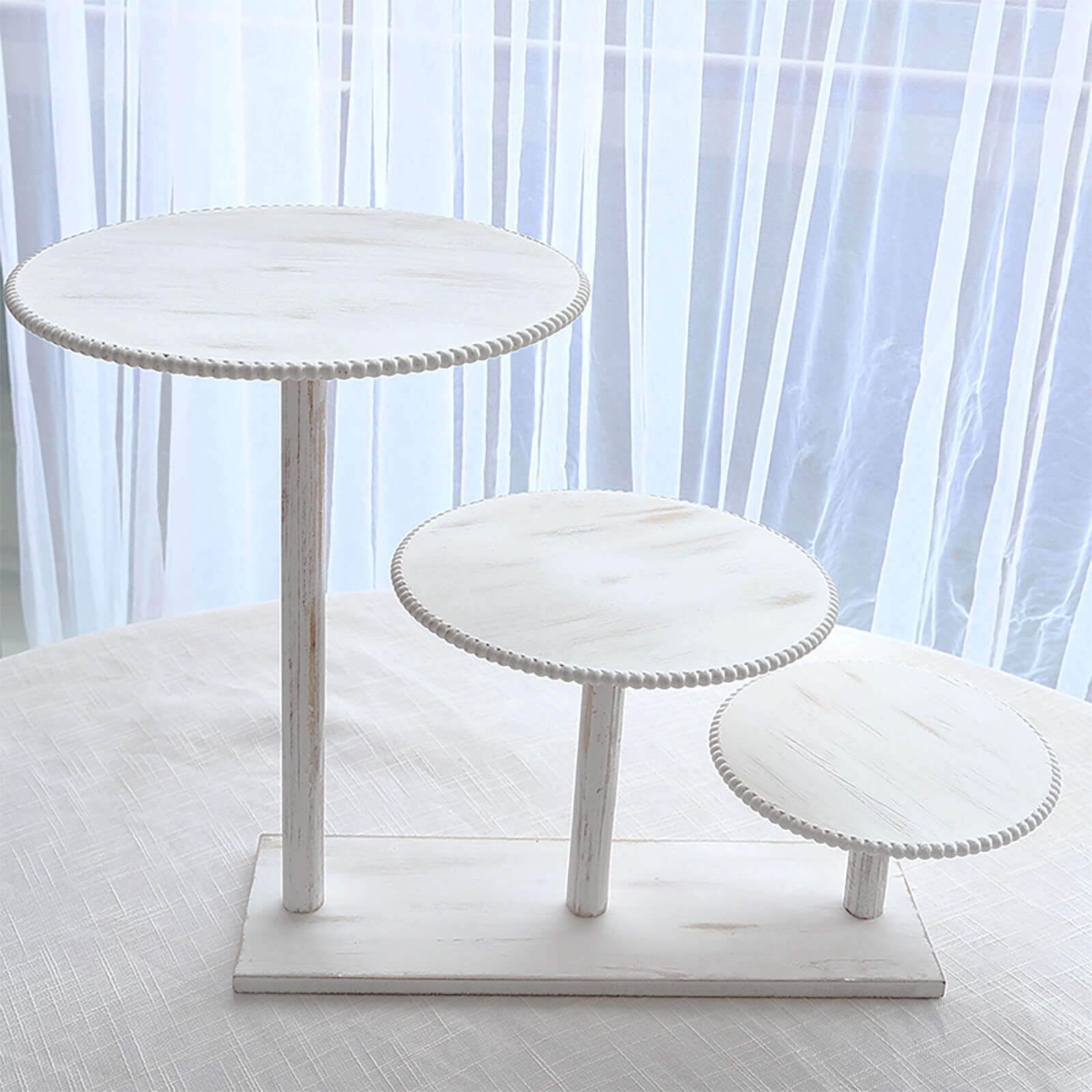 3-Tier Wooden Cake Stand Whitewash with Round Beaded Rim Trays - Rustic Cupcake Tower Dessert Display 24"x16"