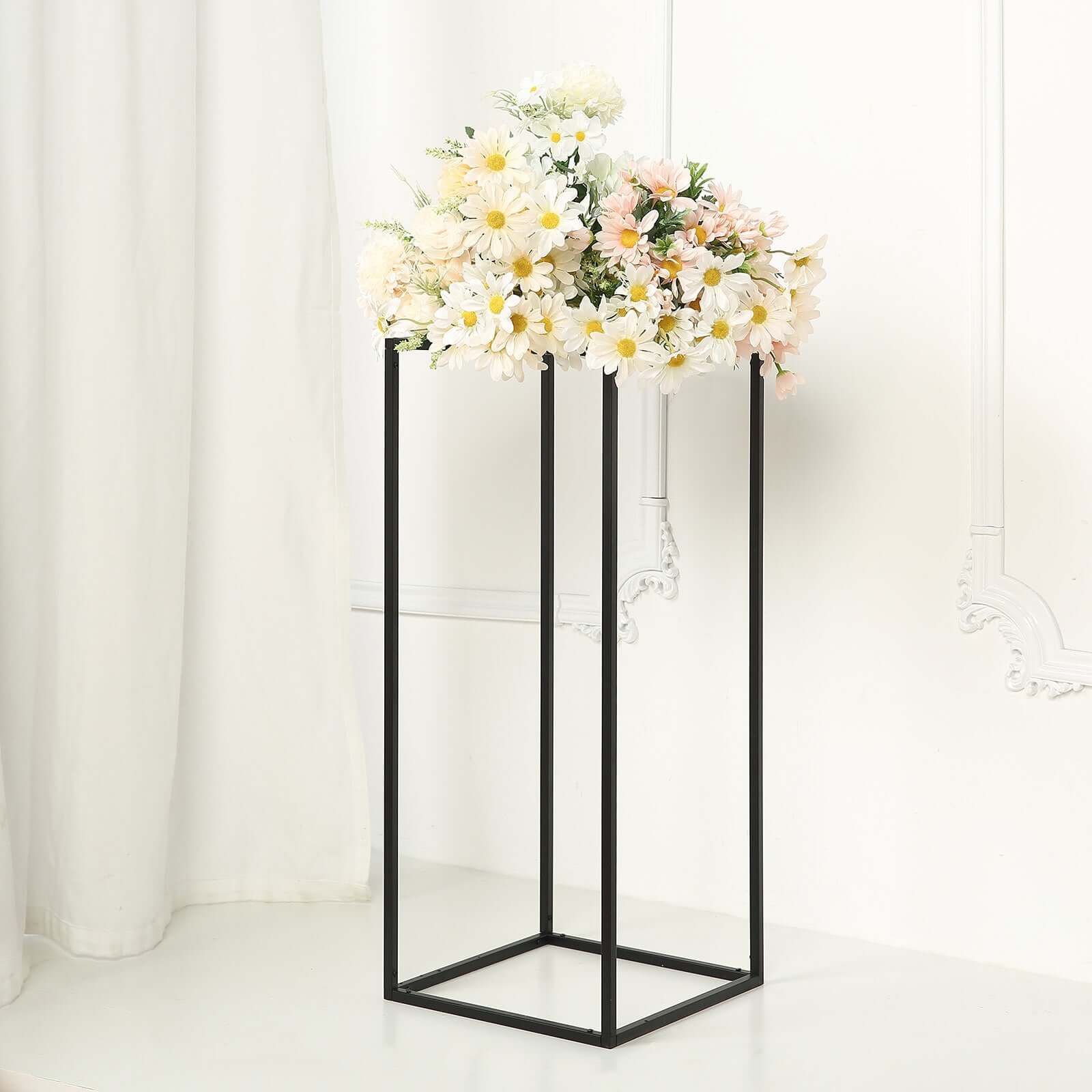 2-Pack Wedding Flower Stand Black Metal Geometric Column Frame Rectangular - Versatile Floral Pedestal for Sophisticated Arrangements 24"