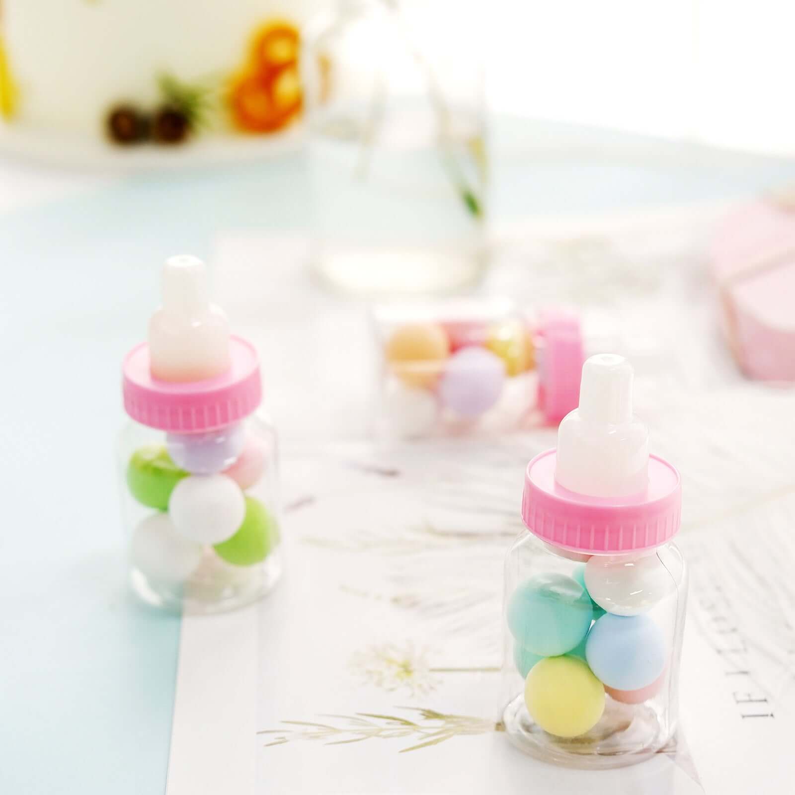 12-Pack Fillable Mini Candy Container in Baby Bottle Style Clear/Pink - Candy Treat Favor Boxes for Baby Showers 3.5"