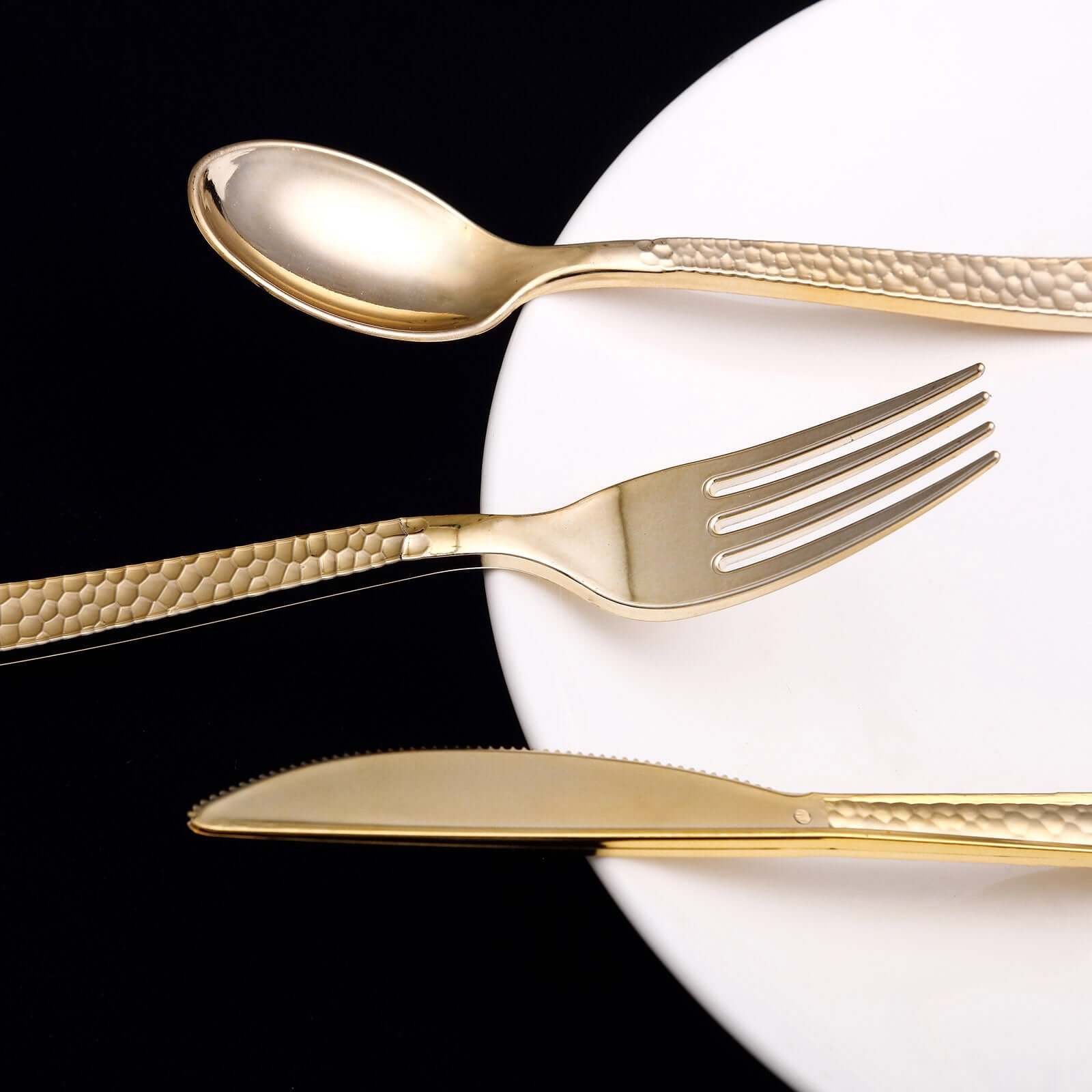 24-Pack Plastic Forks with Hammered Style Gold - Heavy Duty Disposable Silverware 7"