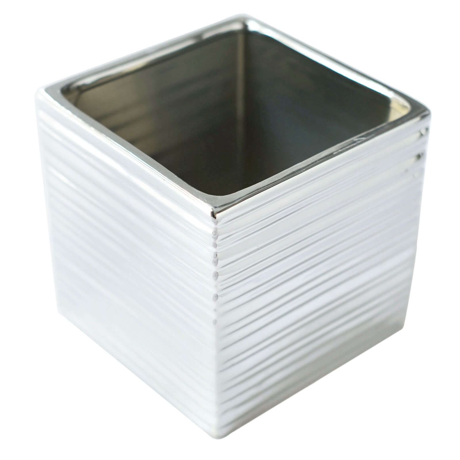 2 Pack 5" Silver Brush Textured Ceramic Square Indoor Plant Pots, Cube Shaped Flower Box