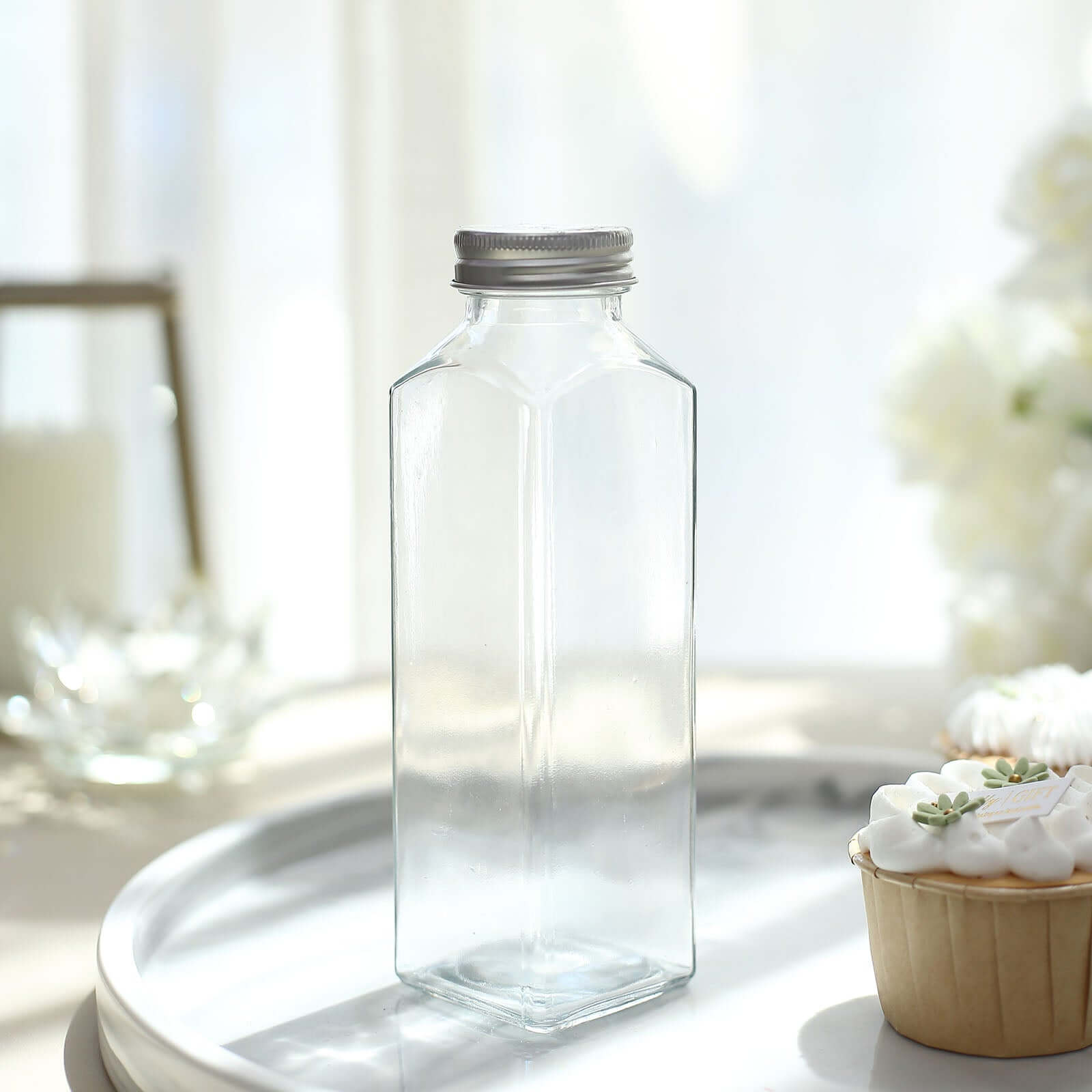 12-Pack Glass Jars French Square Design Clear with Aluminum Caps - Refillable Storage Bottles for Pantry & Organization 7" 12oz