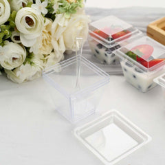 24-Pack Plastic Square Dessert Tumbler Cup Clear - Disposable Snack Serving Cups with Lid and Spoon Set for Parties, Catered Events & Buffets 4oz