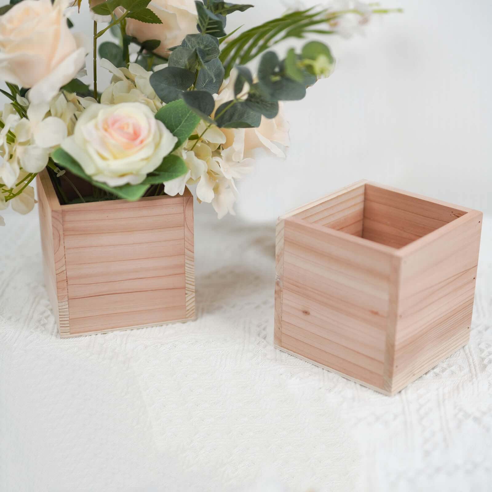 2 Pack 5" Square Tan Wood Planter Box Set, Plant Holder With Removable Plastic Liners