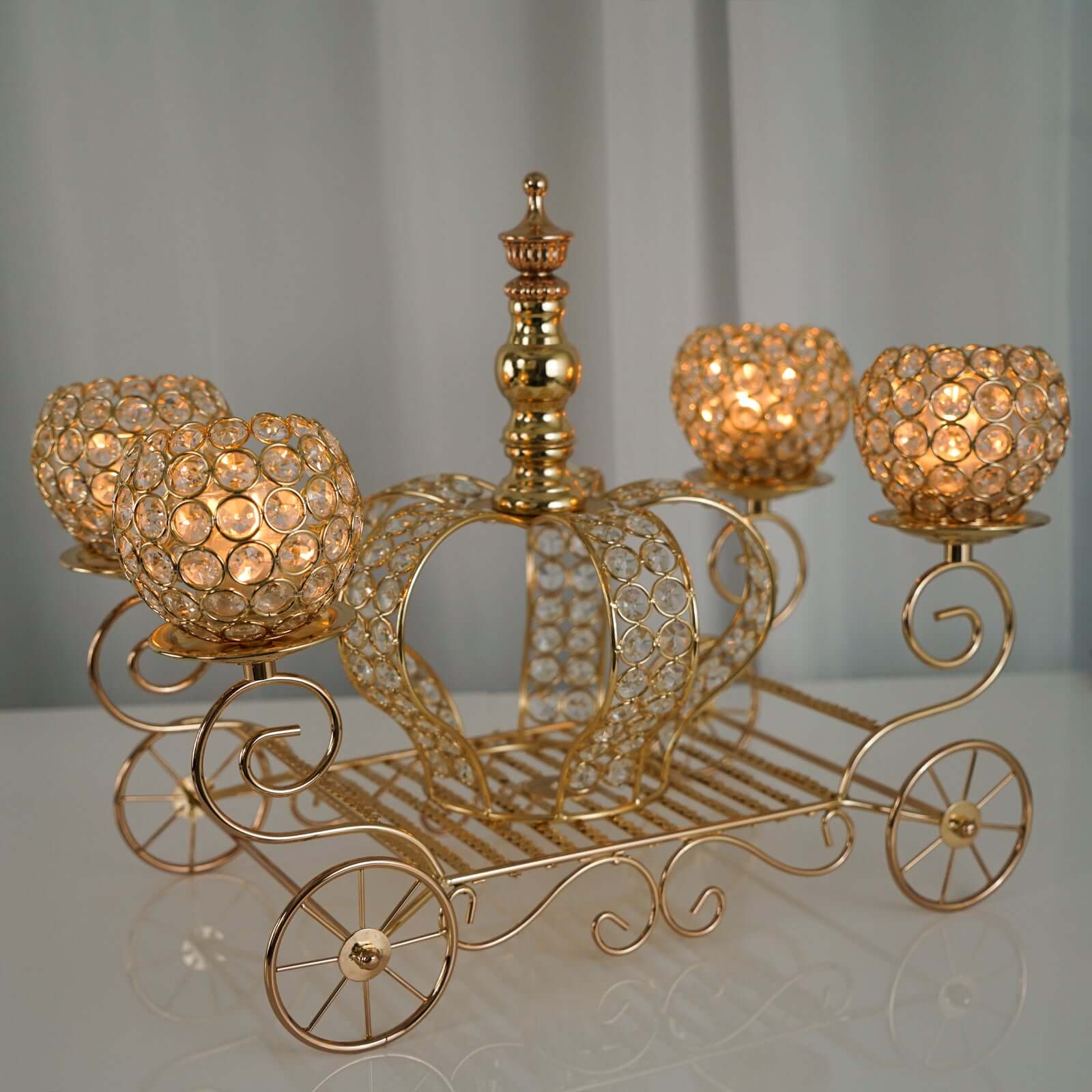 Candle Holder 4-Arm Gold Metal Crystal Cinderella Carriage Wedding Centerpiece - Decorative Display 18"