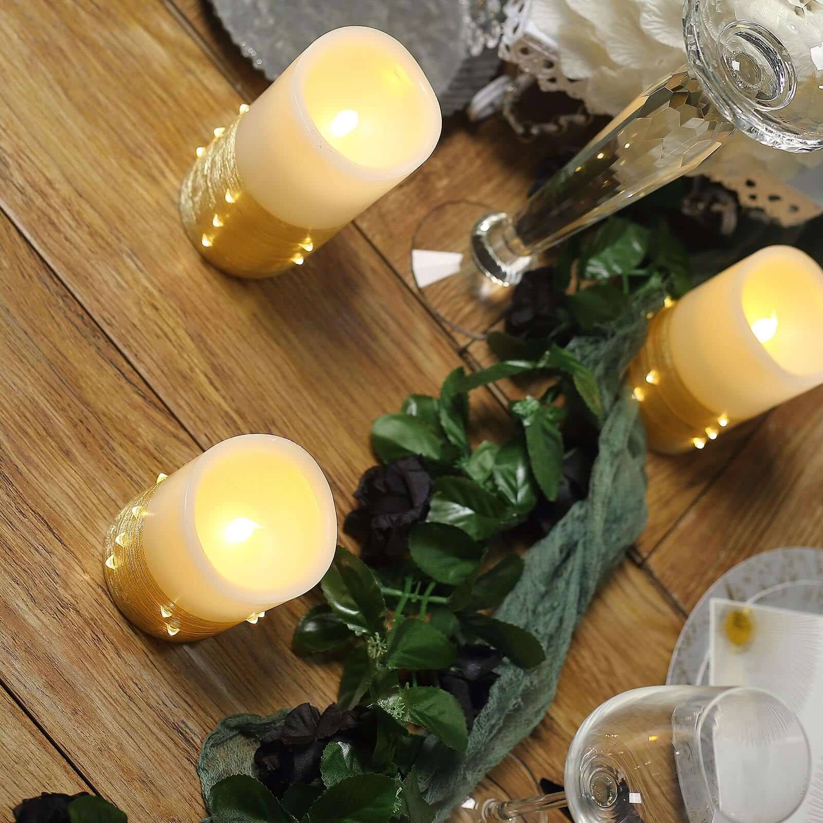 Set of 3 LED Flameless Pillar Candles Wrapped with Fairy String Lights Gold - Remote Operated 4", 5", 6"