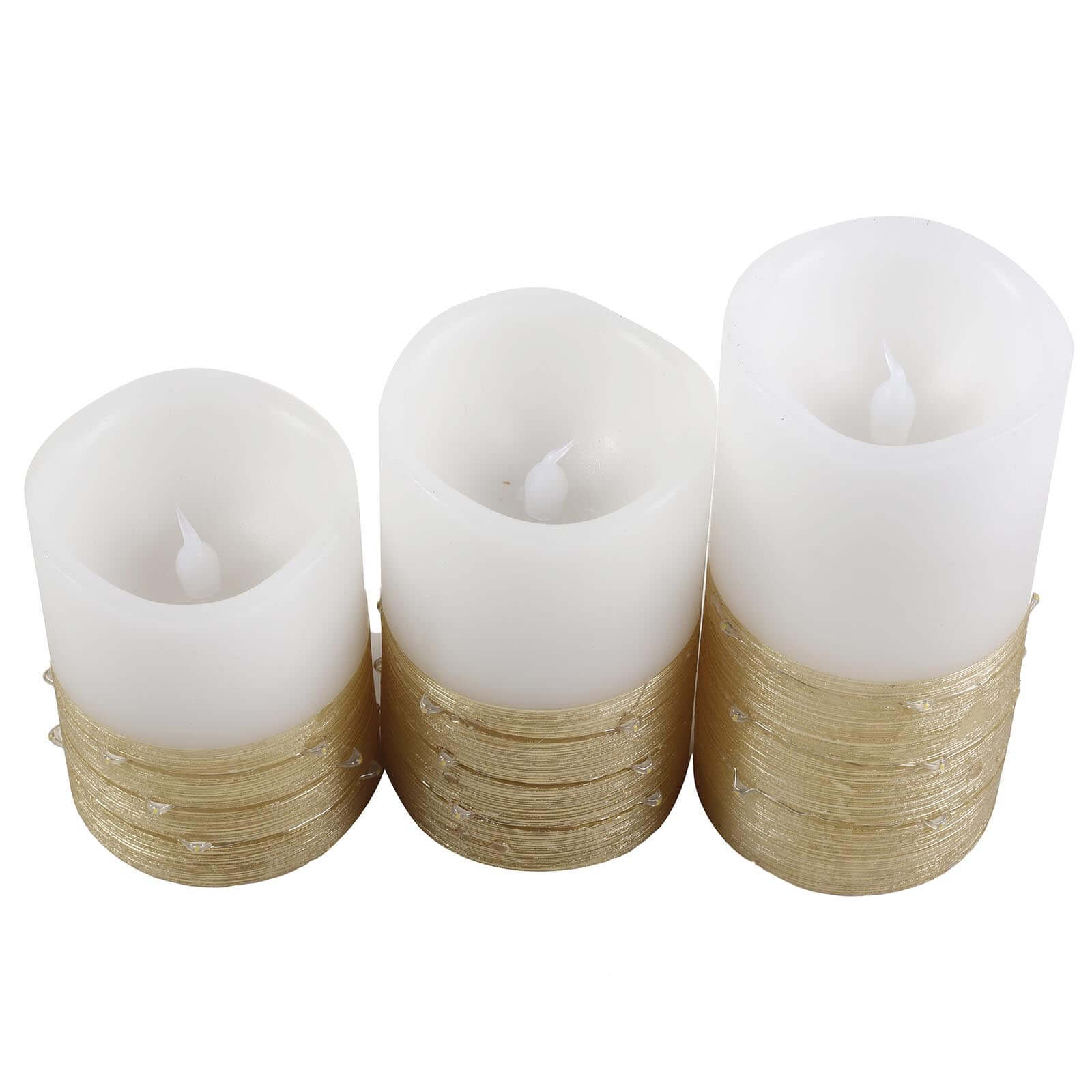 Set of 3 LED Flameless Pillar Candles Wrapped with Fairy String Lights Gold - Remote Operated 4", 5", 6"