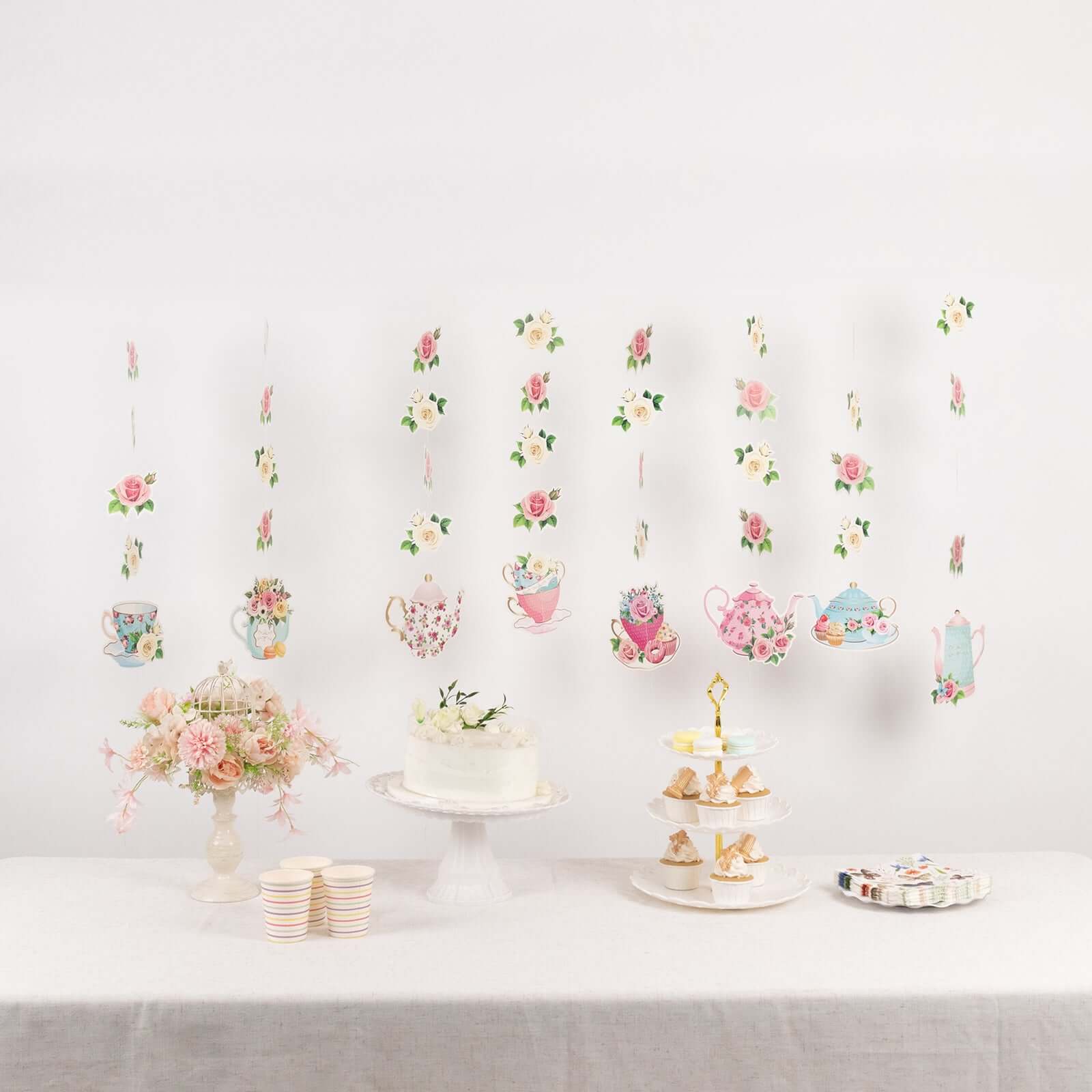 8 Pack Double Sided Floral Tea Party Paper Garland, 40" Pre-Assembled Mixed Teapot Banner Hanging Decorations