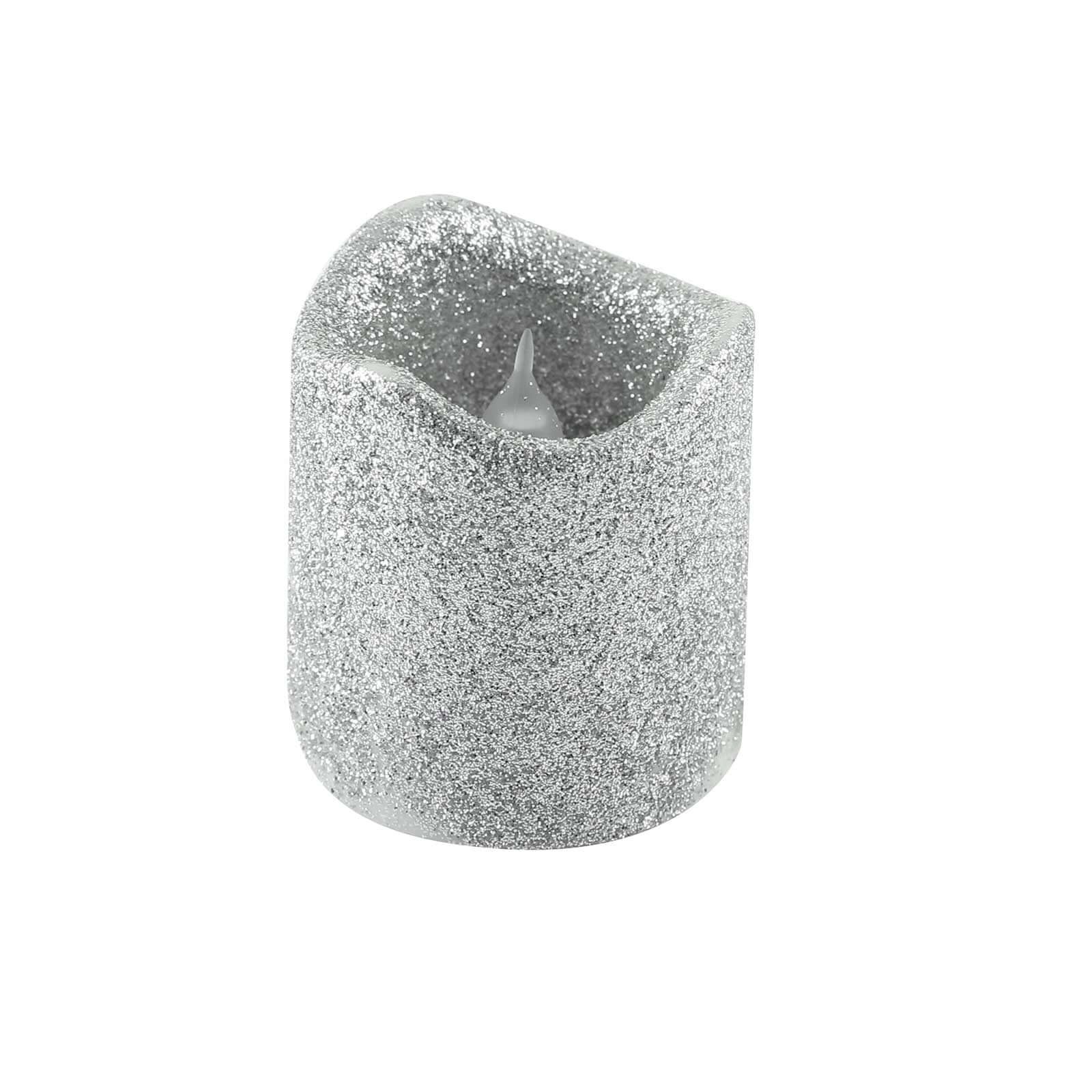 12-Pack LED Votive Candles Glittered Silver Design - Reusable Flameless Battery Operated Lights